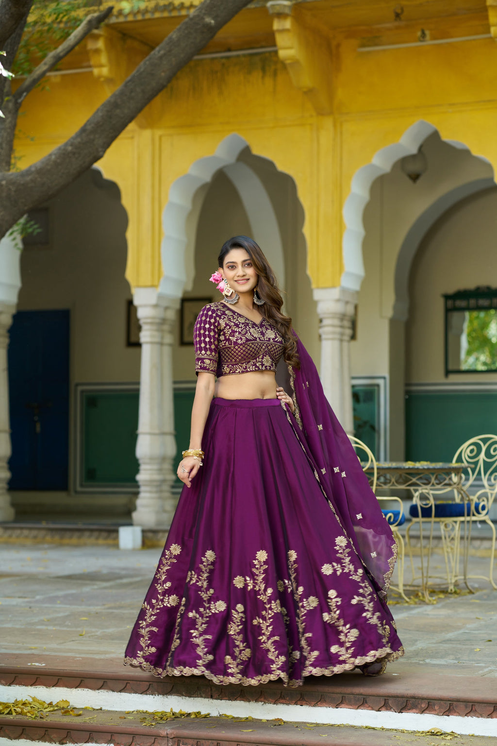 Wine Rangoli Silk Lehenga Choli with Sequins and Embroidery