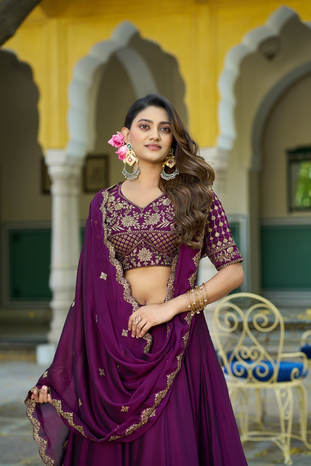 Wine Rangoli Silk Lehenga Choli with Sequins and Embroidery