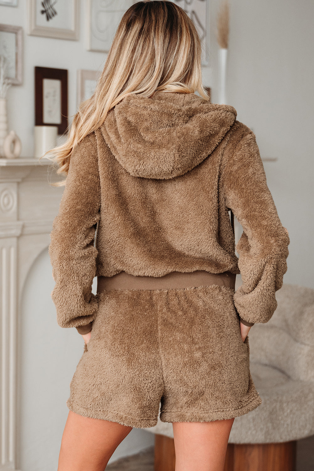 Women's Brown Sherpa Zip Up Hoodie and Drawstring Shorts Set