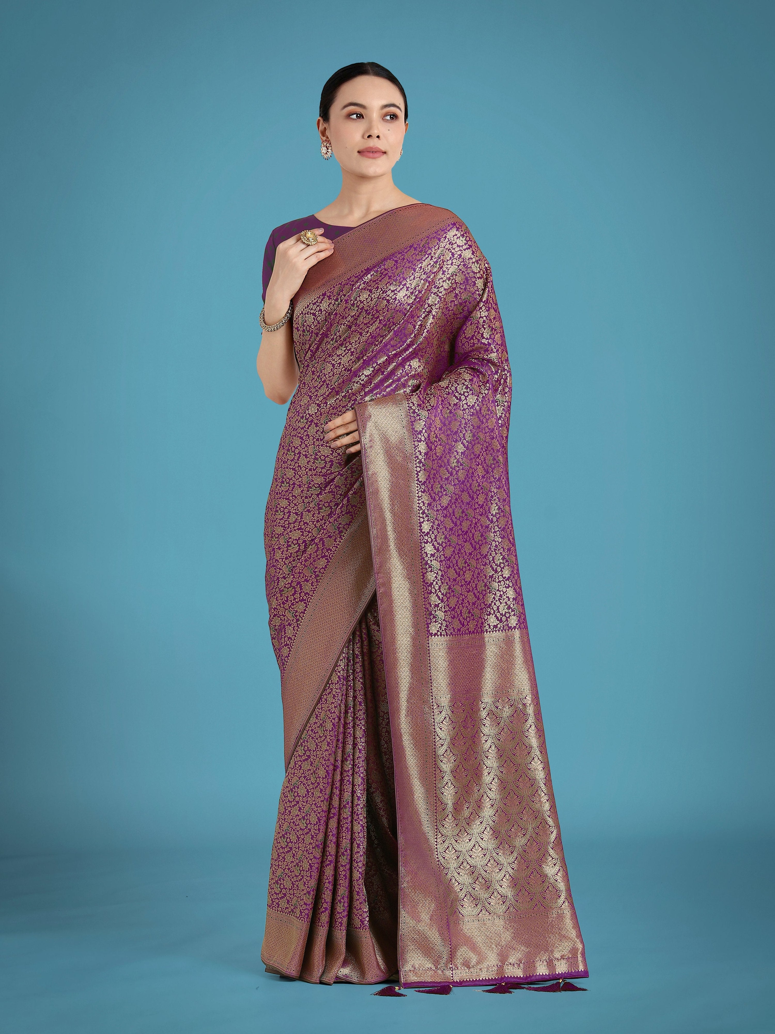 Monjolika Fashion Dark Purple Color Baanrasi Satin Silk Saree for Wedding Functions