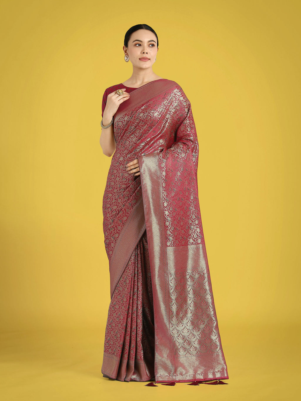 Maroon Banarasi Satin Silk wedding saree with detailed gold zari work