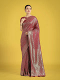Maroon Banarasi Satin Silk wedding saree with detailed gold zari work