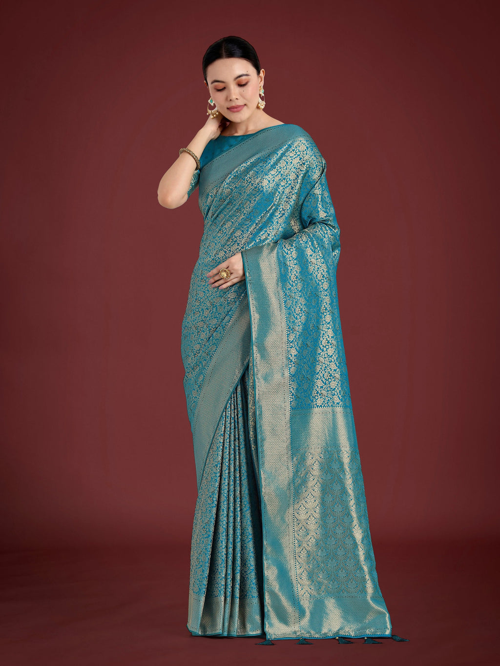 Dusty cyan Banarasi satin silk saree with gold Zari weaving detail