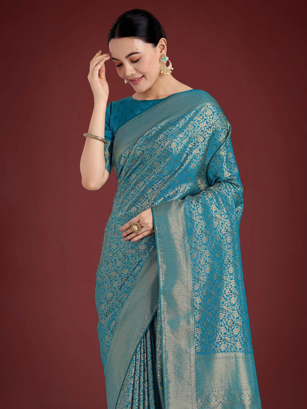 Dusty Cyan Banarasi Satin Silk Saree for Wedding Functions
