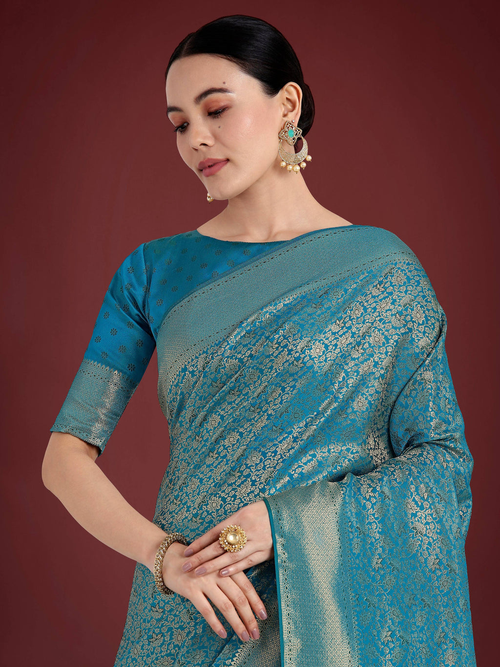 Dusty Cyan Banarasi Satin Silk Saree for Wedding Functions