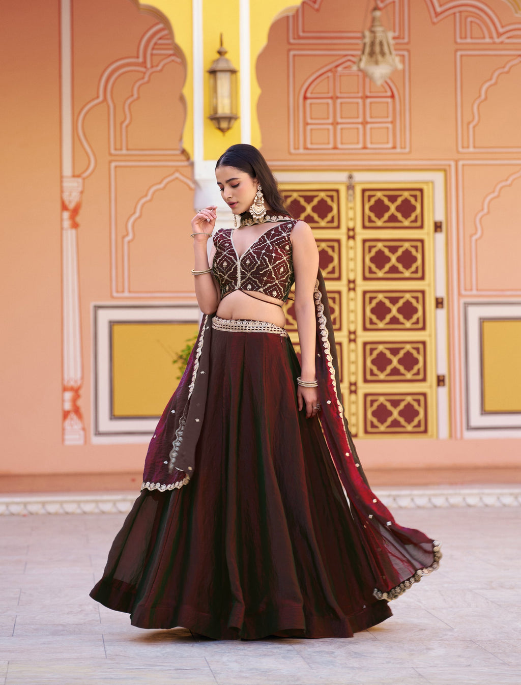 Maroon Fendy Satin Lehenga Choli with Sequins and Thread Embroidery