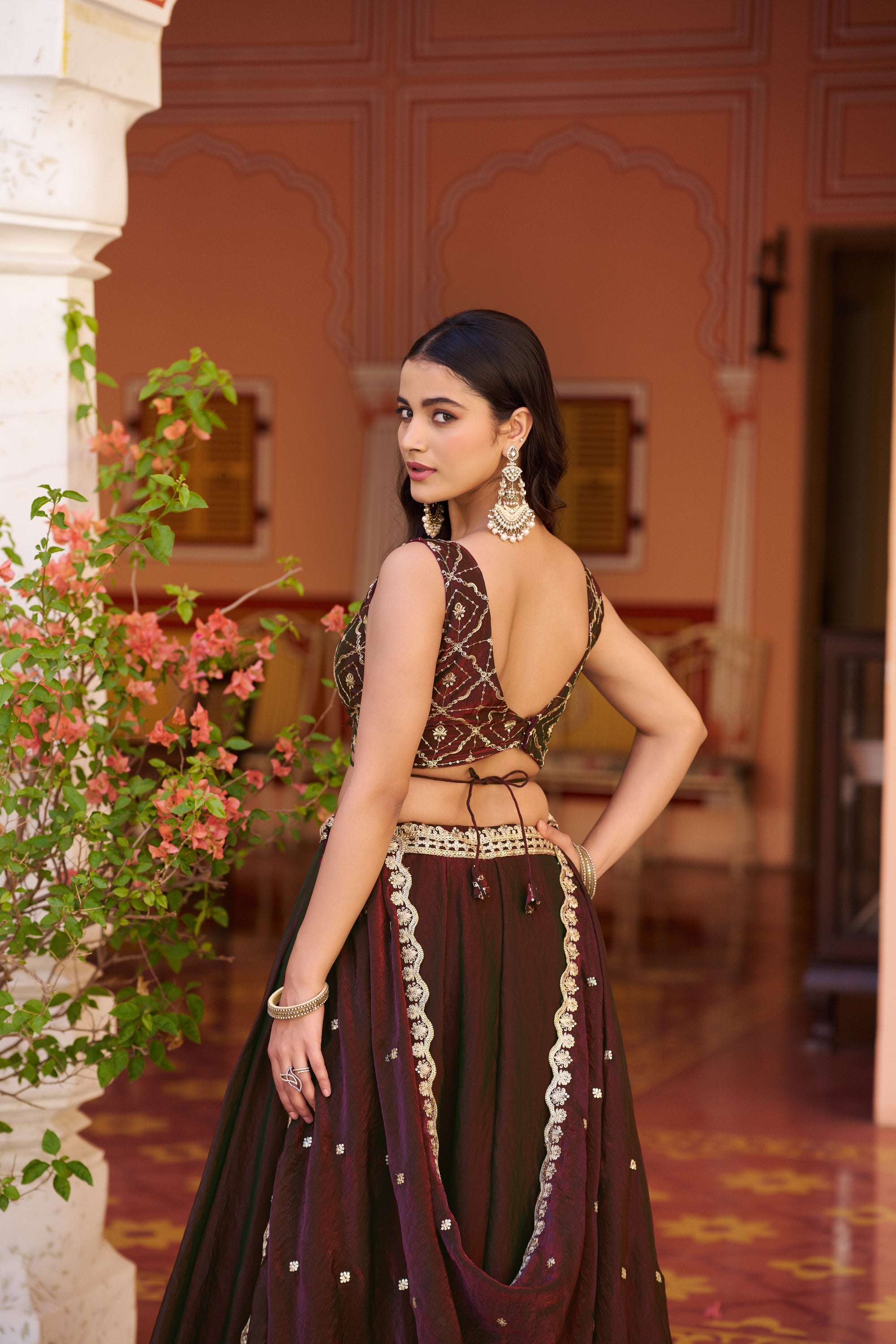 Maroon Fendy Satin Lehenga Choli with Sequins and Thread Embroidery