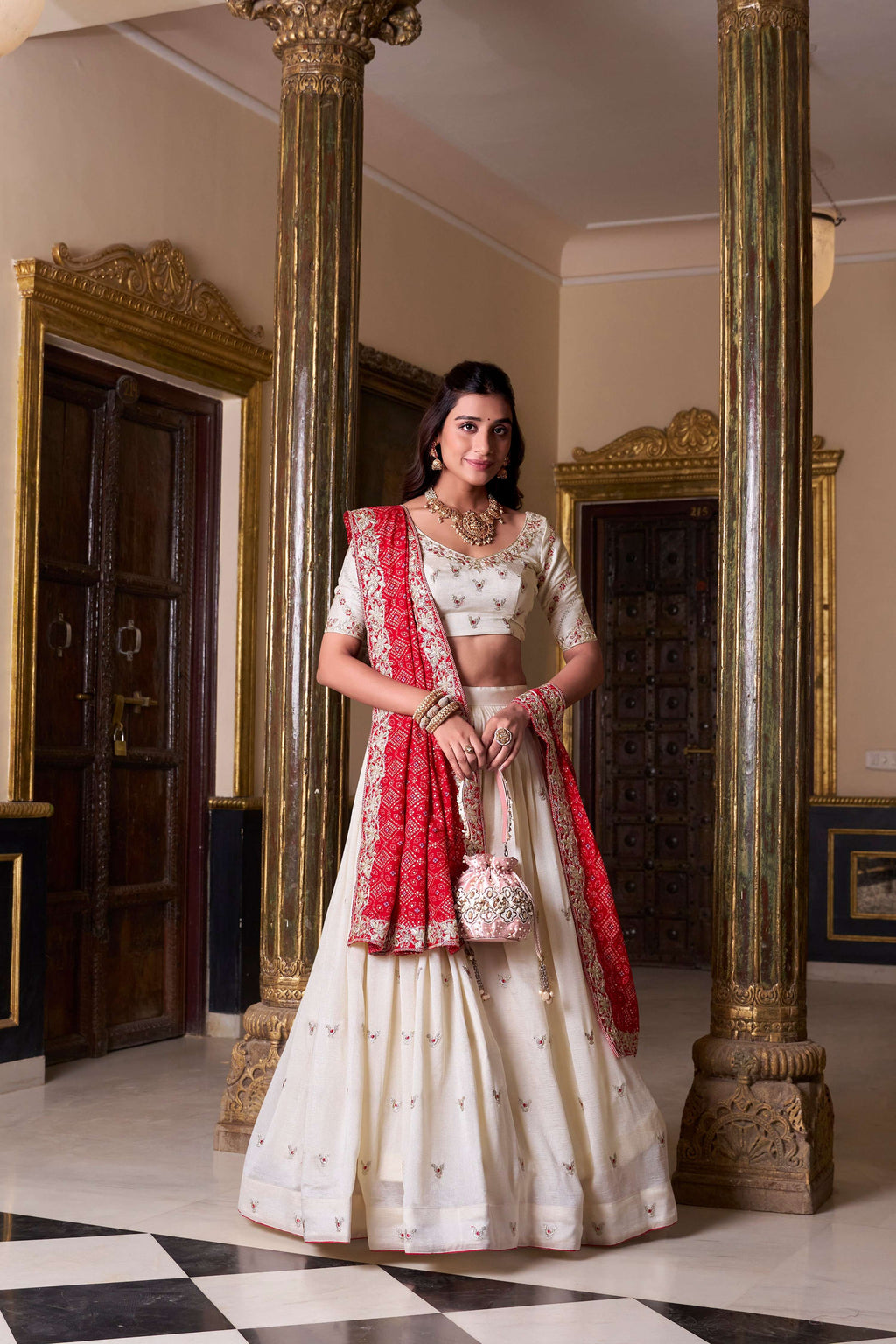 Offwhite Vichitra Silk lehenga choli with intricate sequins and thread embroidery work