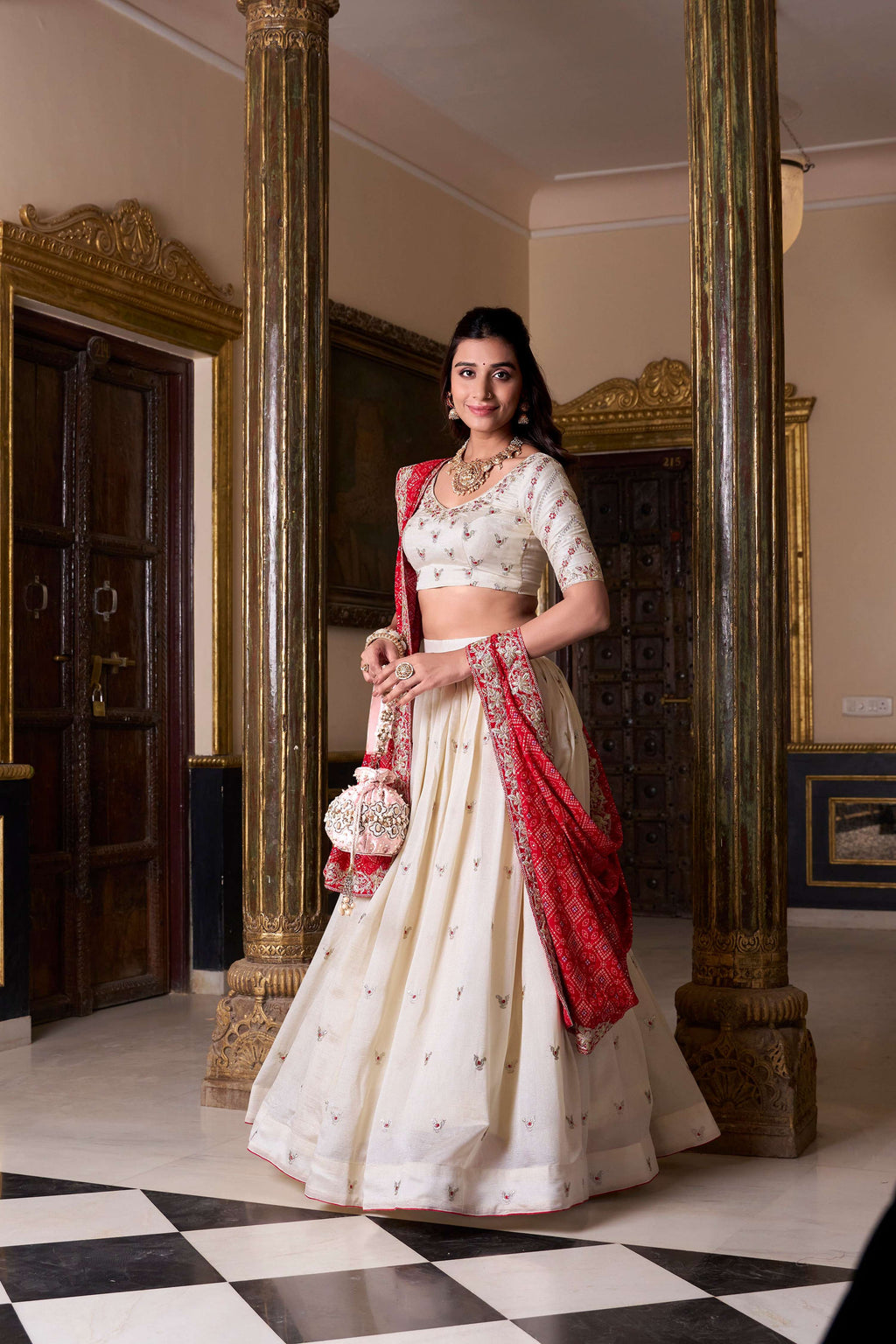 Offwhite Vichitra Silk Sequins and Thread Embroidery Lehenga Choli