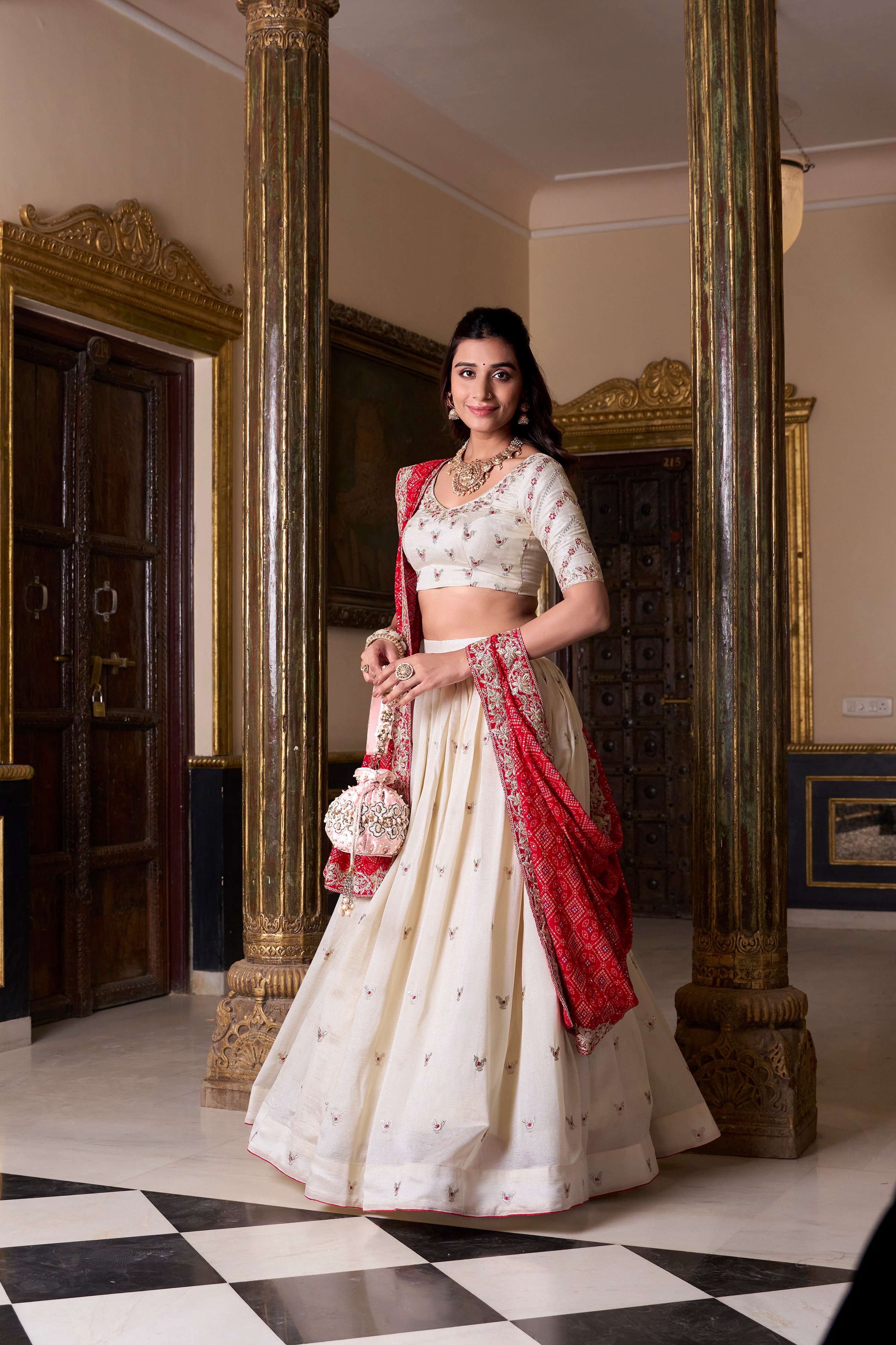 Offwhite Vichitra Silk Sequins and Thread Embroidery Lehenga Choli