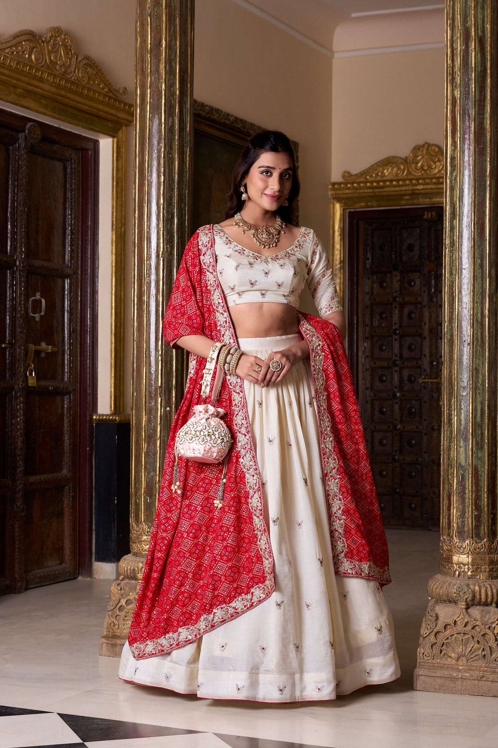 Offwhite Vichitra Silk Sequins and Thread Embroidery Lehenga Choli