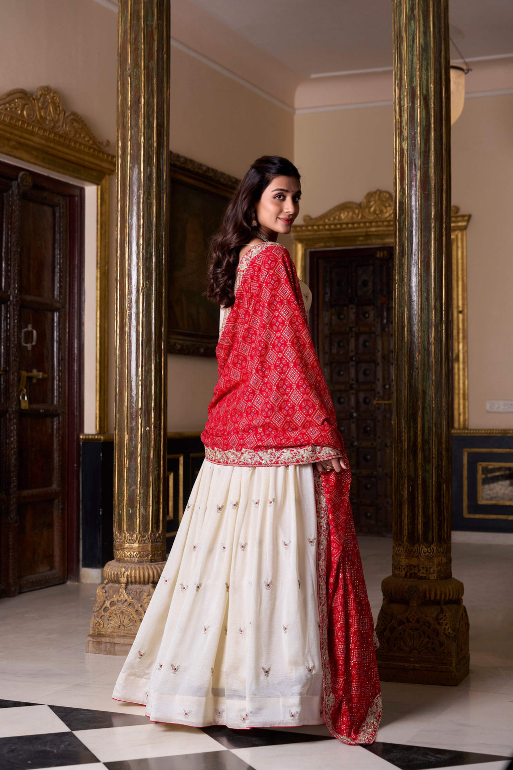Offwhite Vichitra Silk Sequins and Thread Embroidery Lehenga Choli