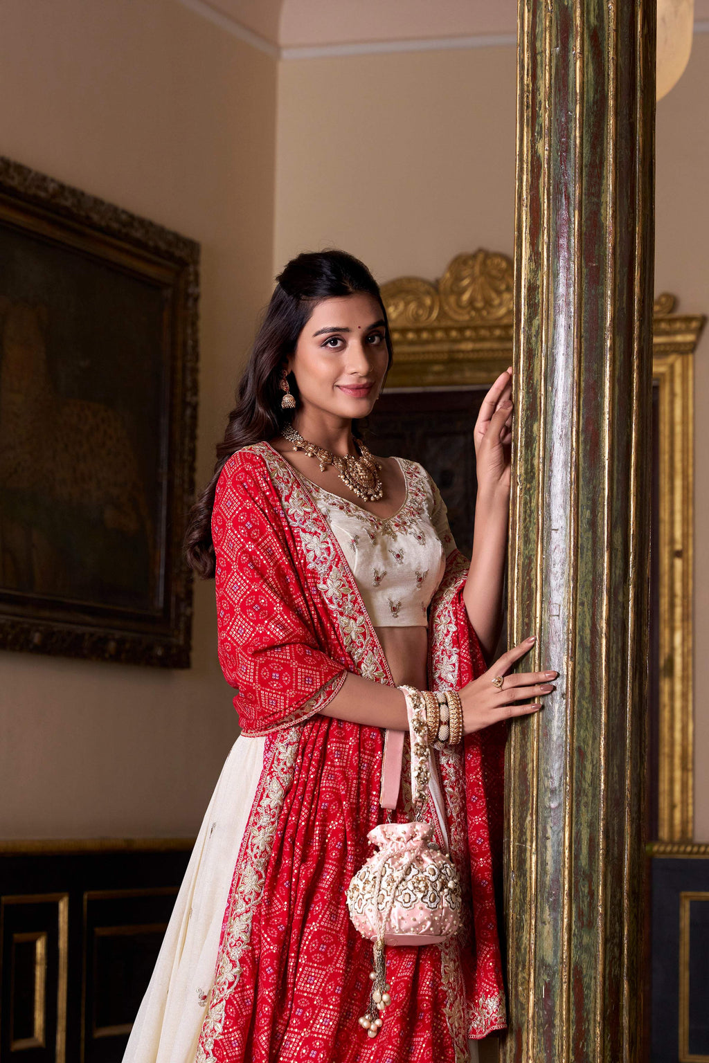 Offwhite Vichitra Silk Sequins and Thread Embroidery Lehenga Choli
