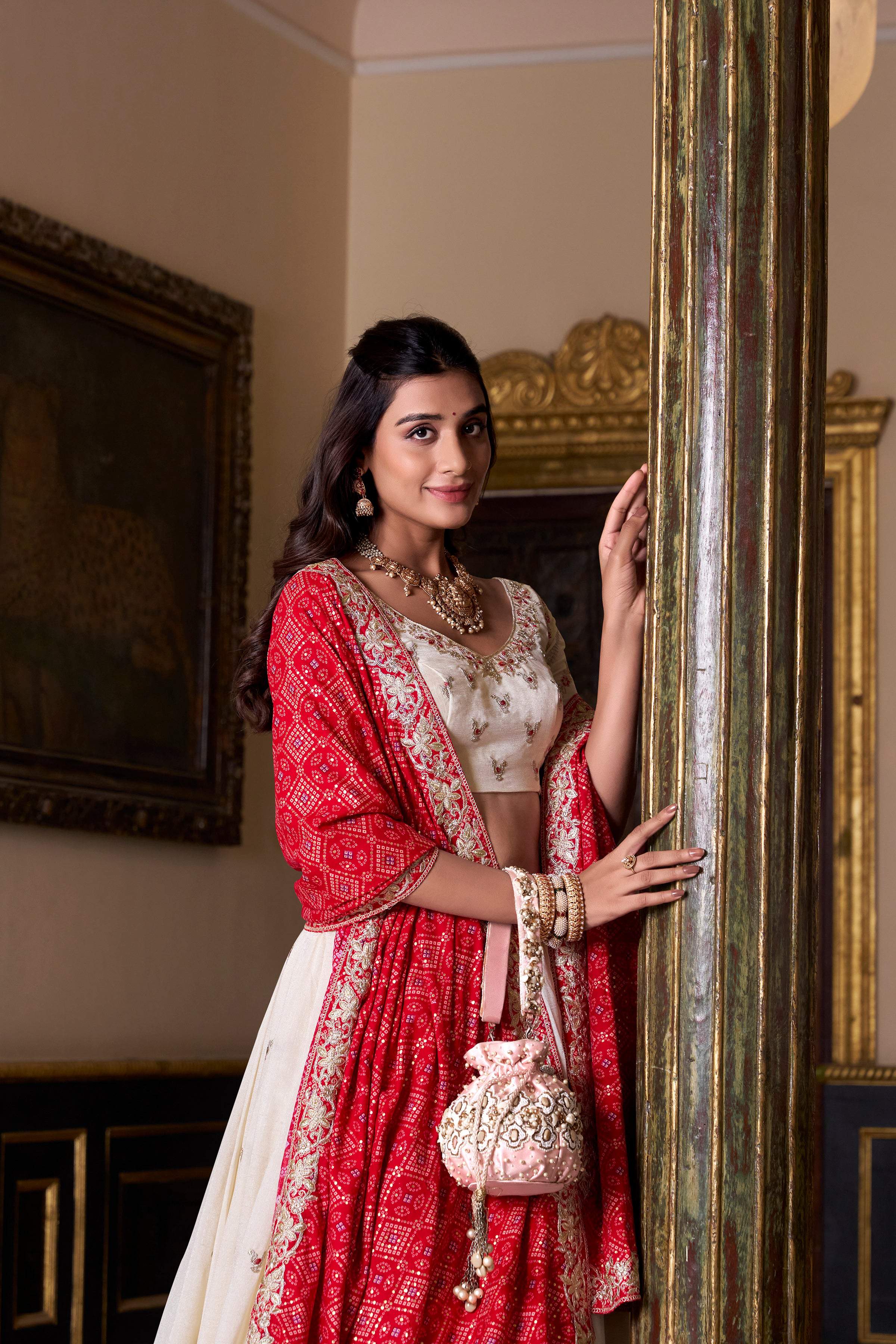 Offwhite Vichitra Silk Sequins and Thread Embroidery Lehenga Choli