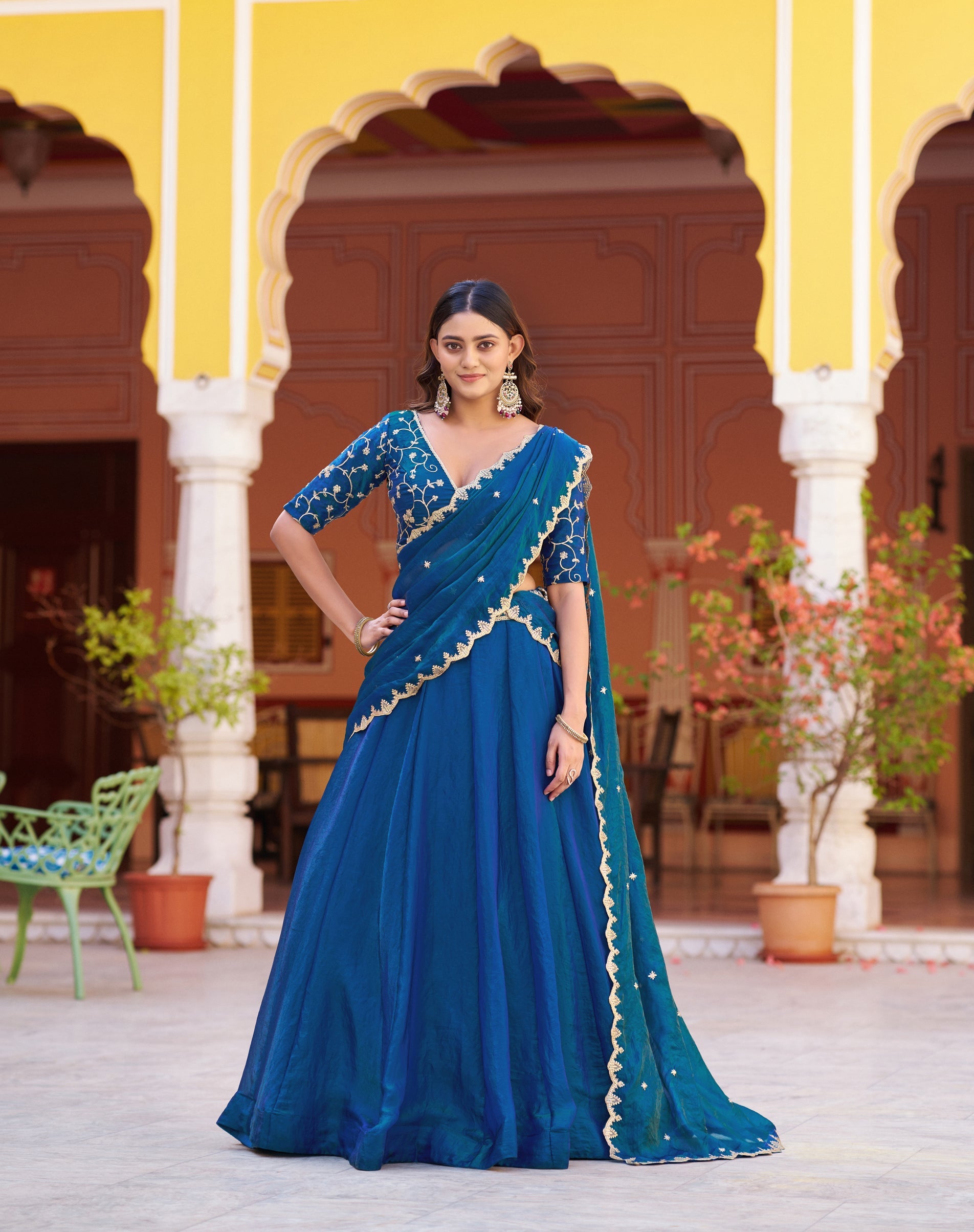 Rama colored Fendy Satin lehenga choli with thread embroidery and sequin work