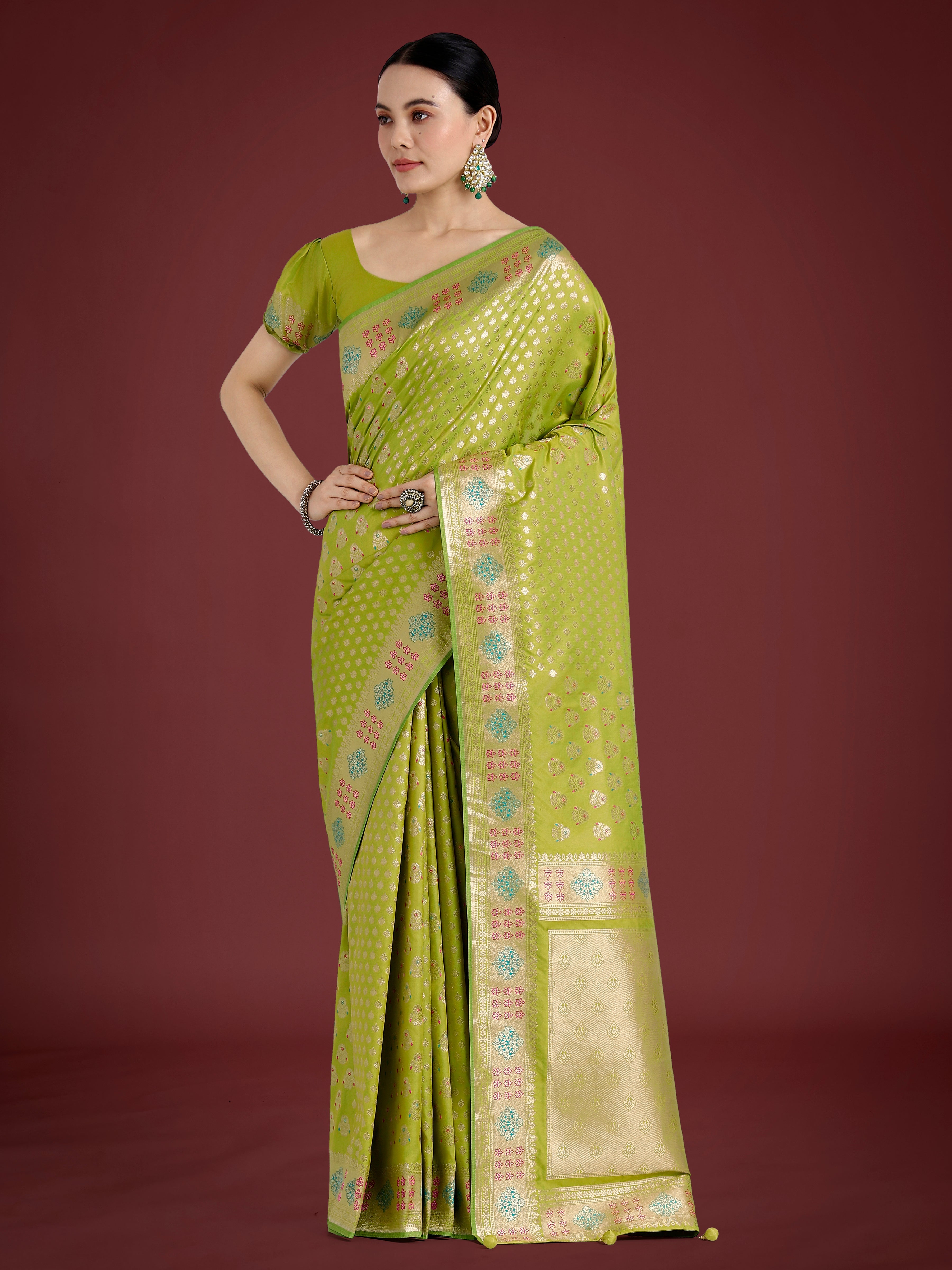 Lime Green Banarasi Silk Saree with intricate zari woven patterns