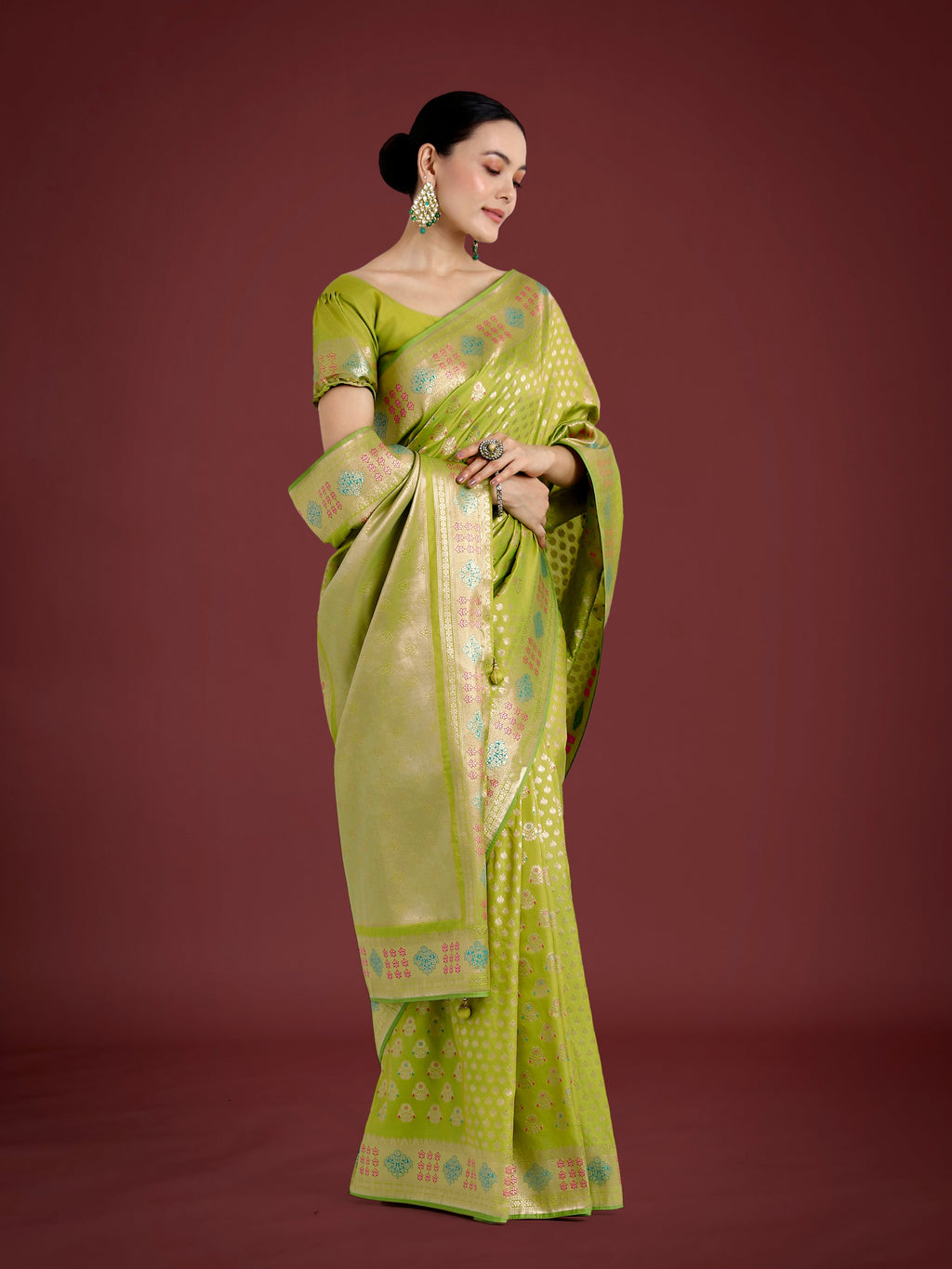 Lime Green Banarasi Silk Saree with Classic Zari Weaving