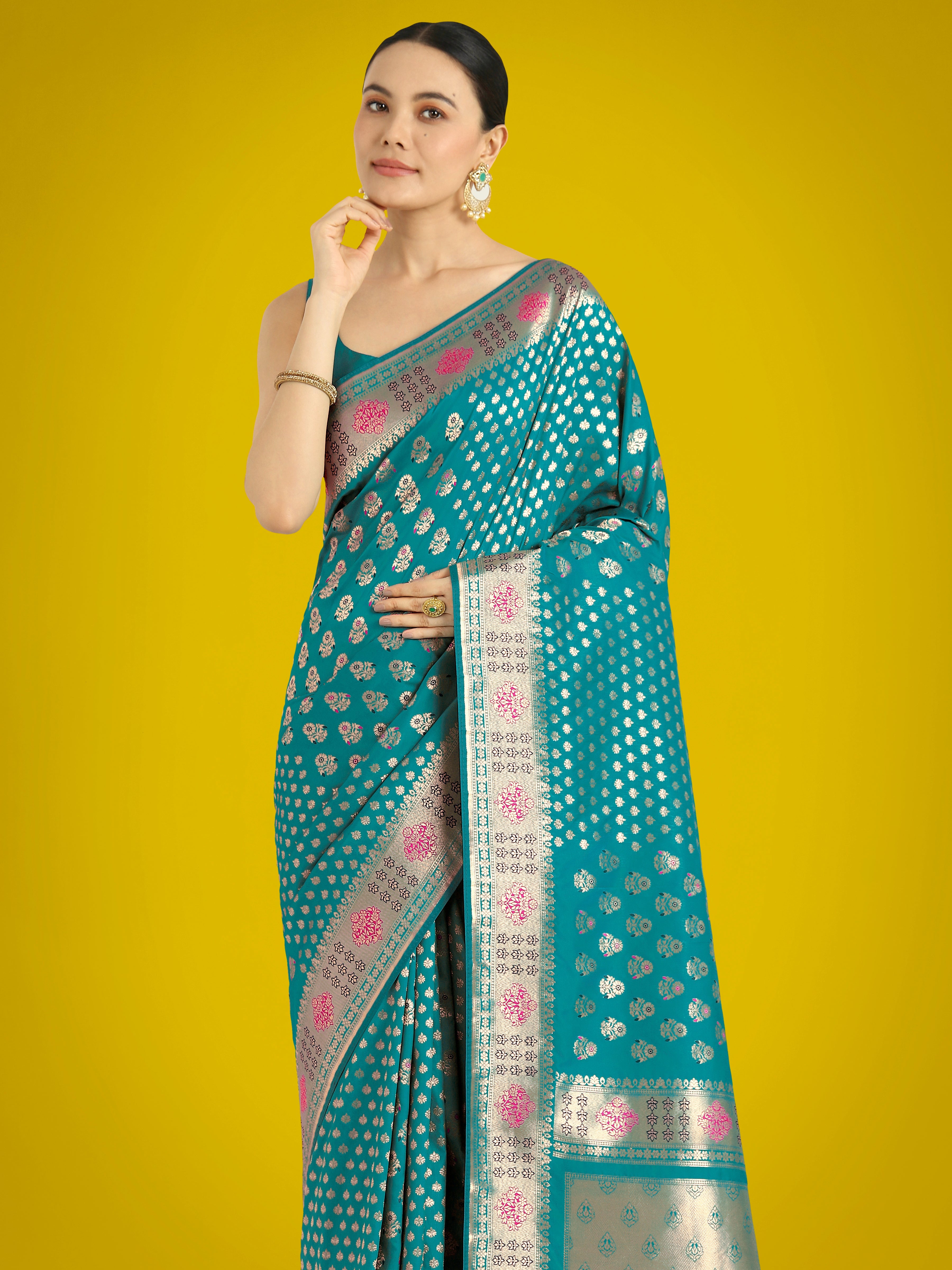 Monjolika Fashion Cyan blue Colour Banarasi Silk Zari Weaving Classic Saree
