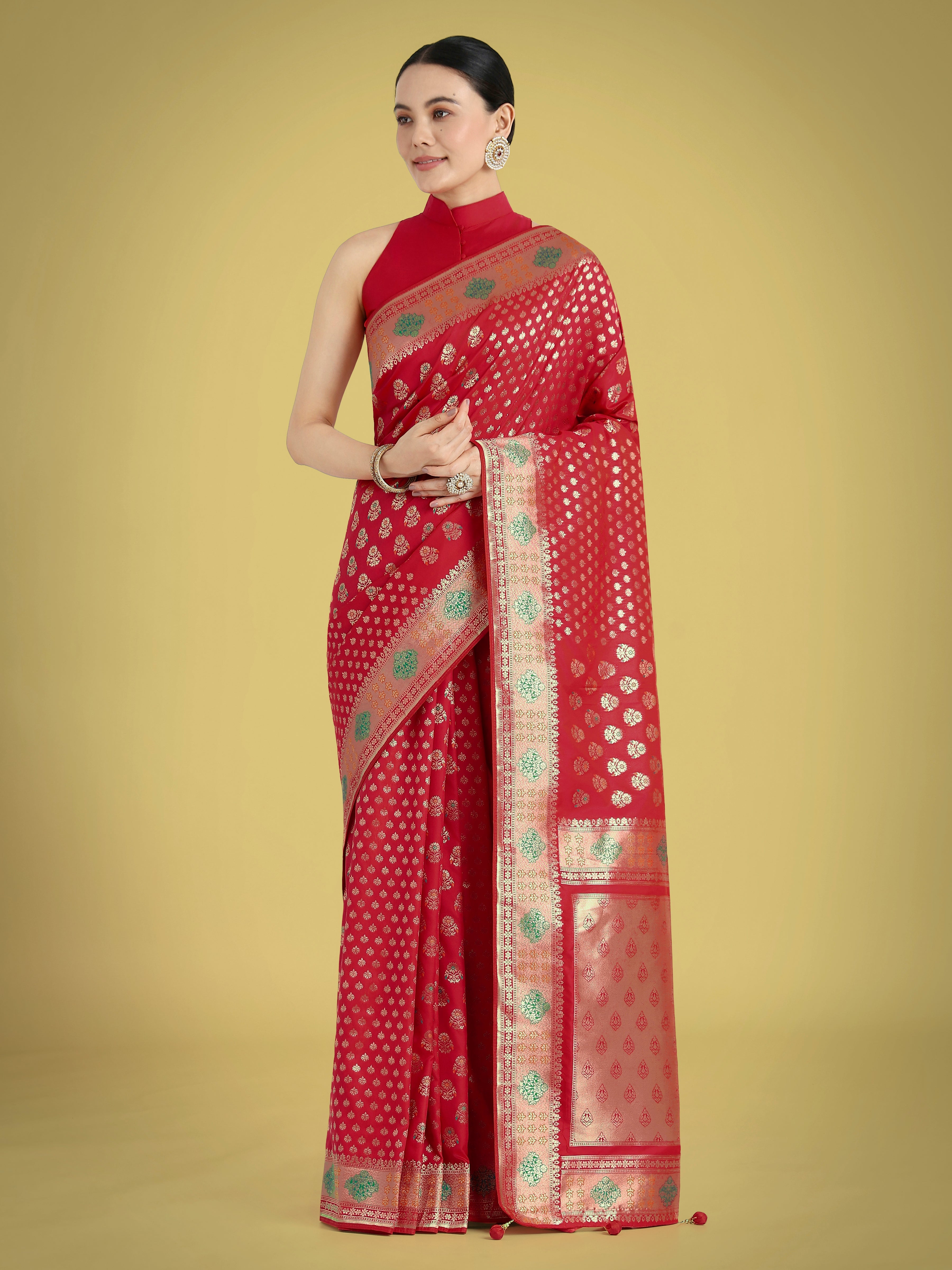 Classic red Banarasi silk saree with traditional gold Zari woven patterns