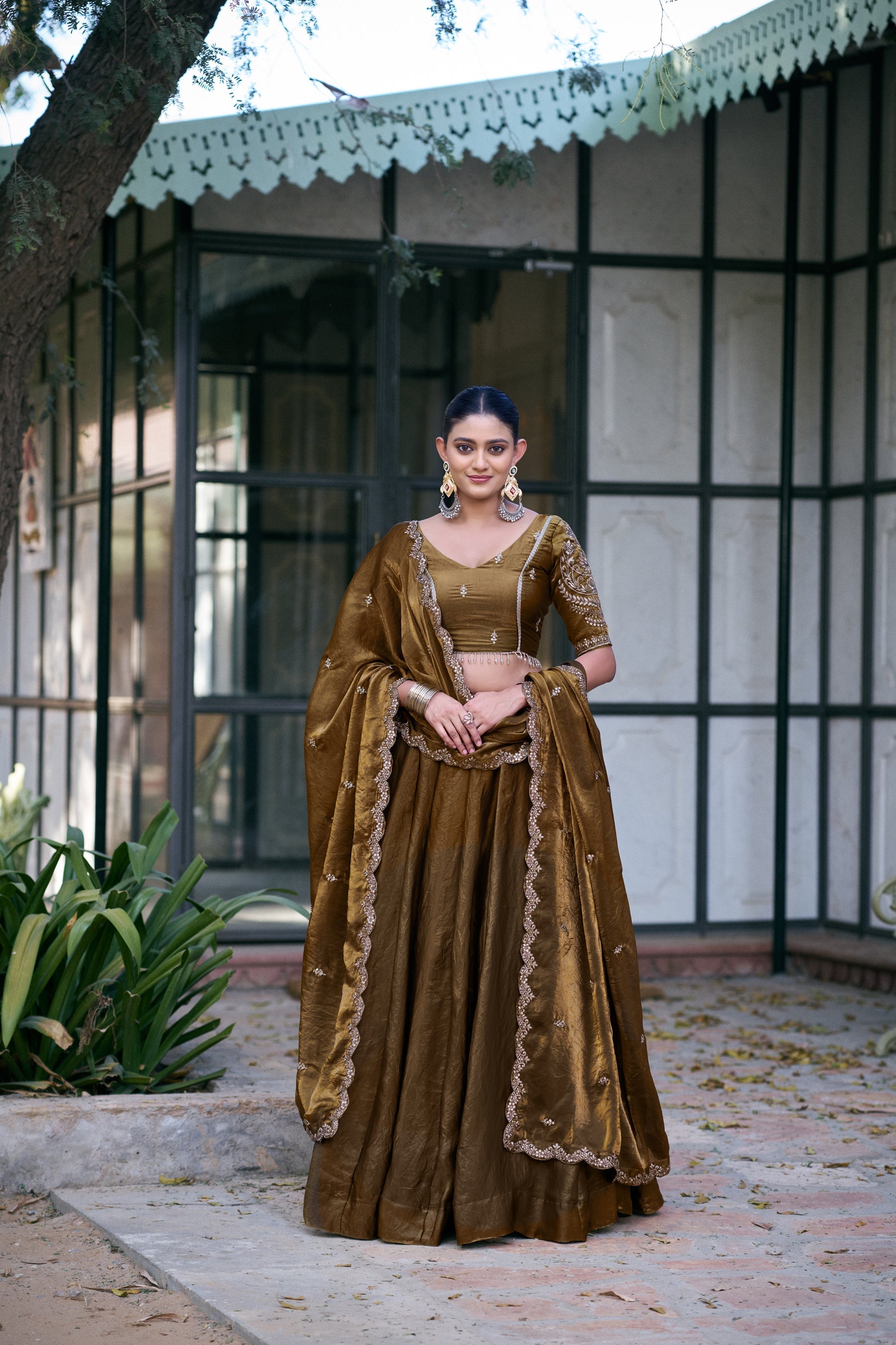 Brown Fendi Silk Lehenga Choli with Sequin and Thread Embroidery