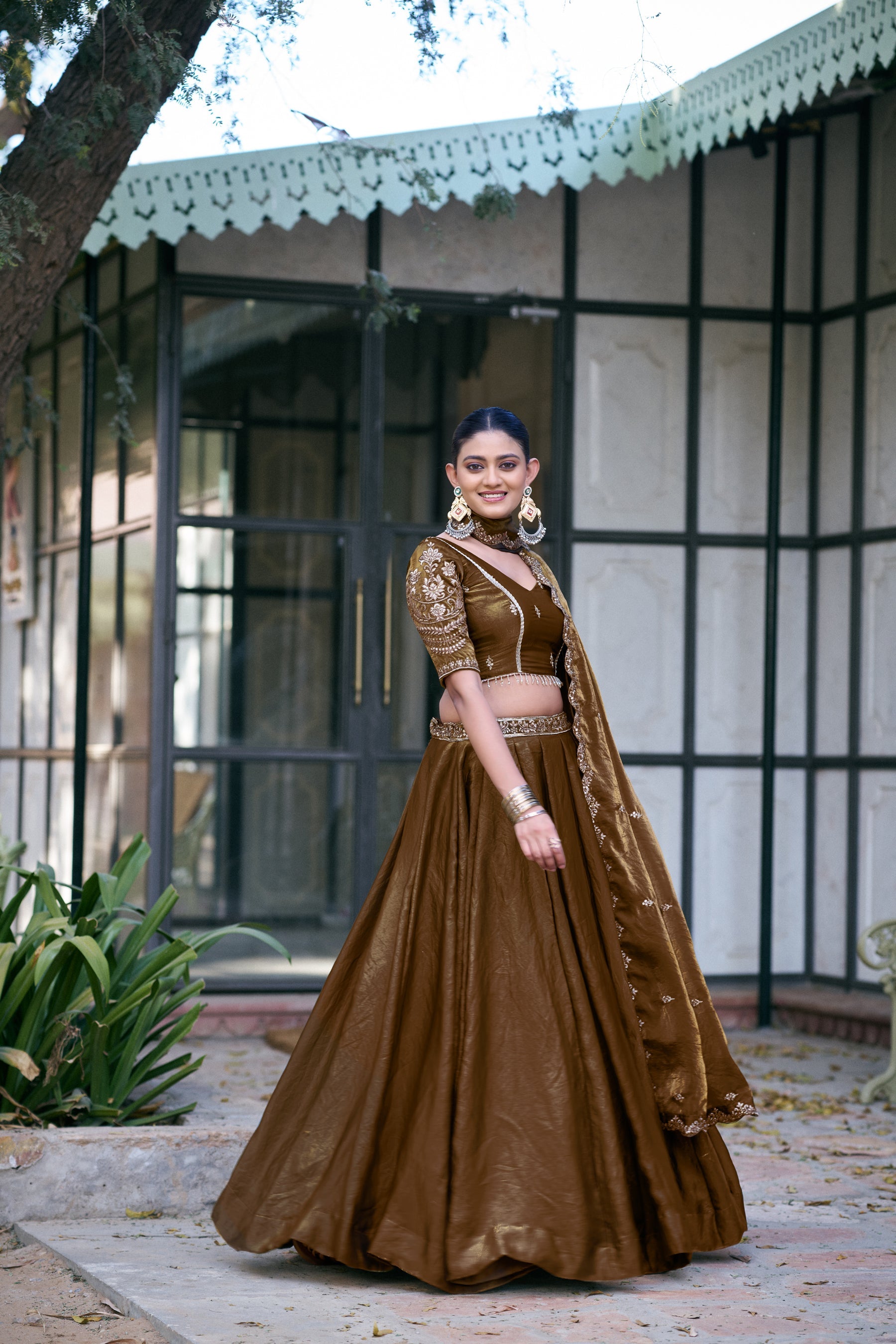 Brown Fendi Silk Lehenga Choli with Sequin and Thread Embroidery