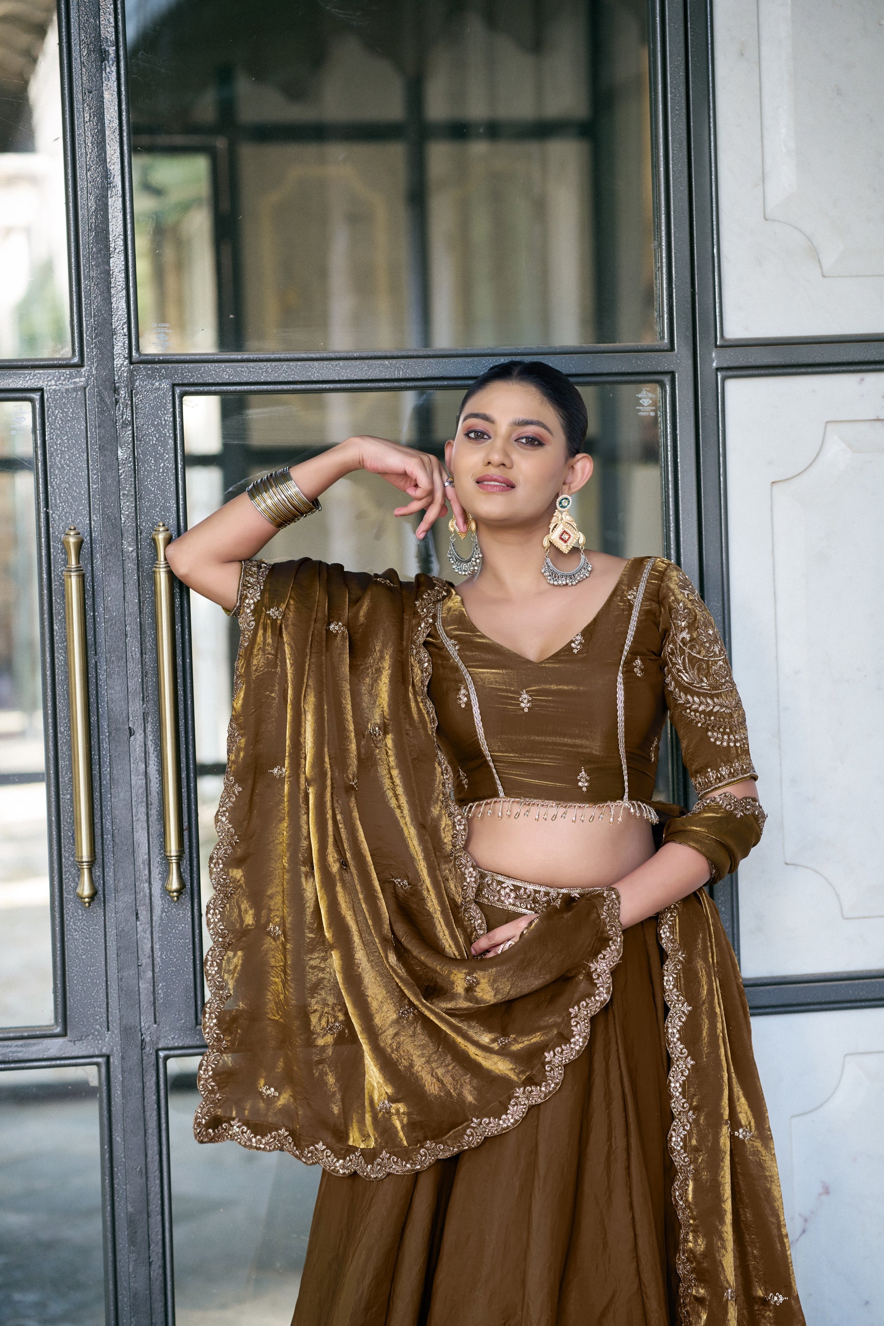 Brown Fendi Silk Lehenga Choli with Sequin and Thread Embroidery