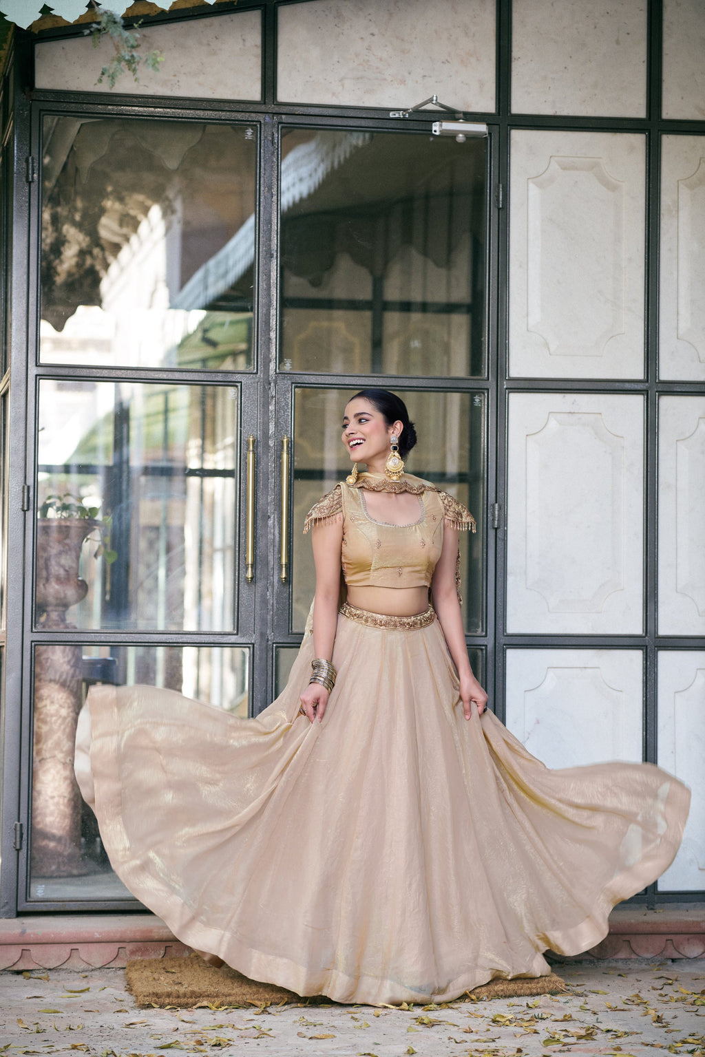 Cream Fendi Silk Sequins & Thread Embroidery Lehenga Set