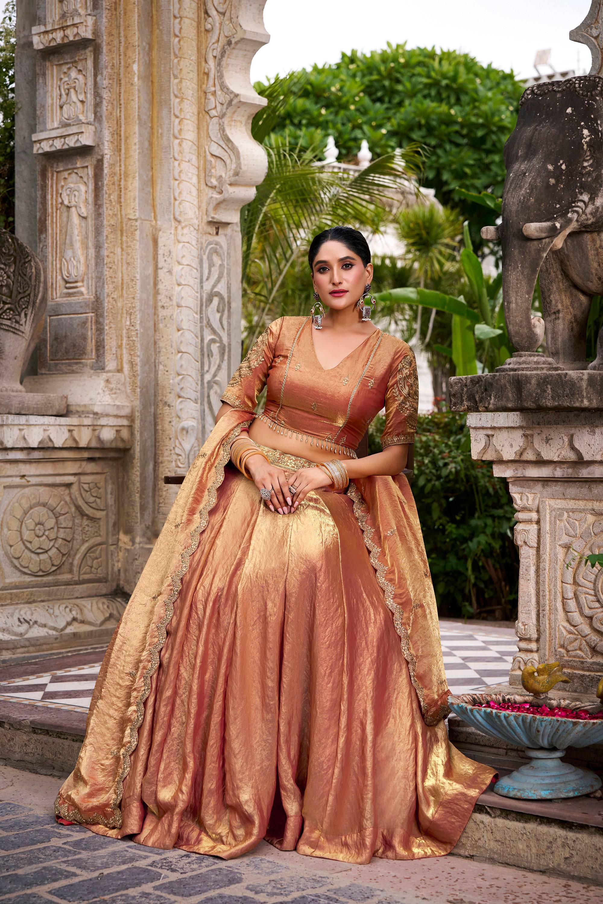 Lorenvalley Fashion Rosegold Fendi Silk Sequins and Thread Embroidery Work Belt Lehenga Choli with Dupatta