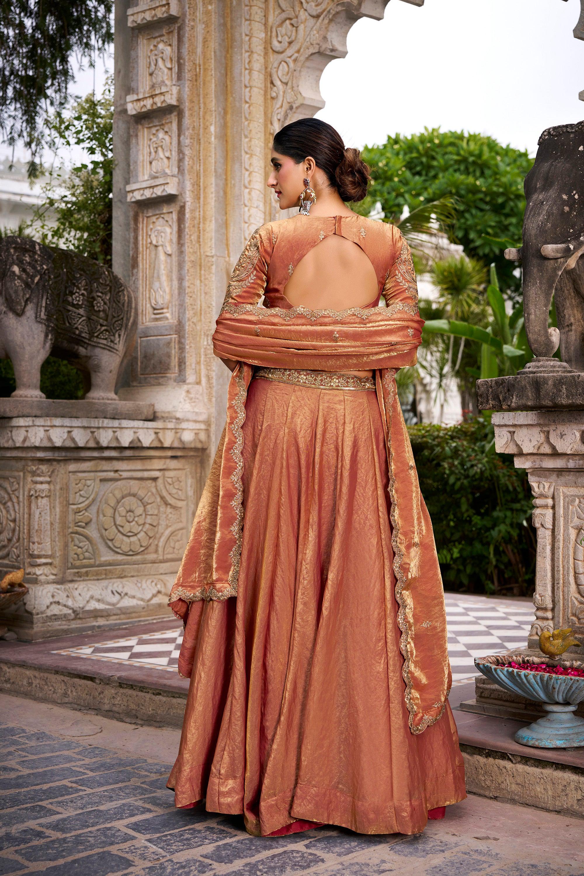 Lorenvalley Fashion Rosegold Fendi Silk Sequins and Thread Embroidery Work Belt Lehenga Choli with Dupatta