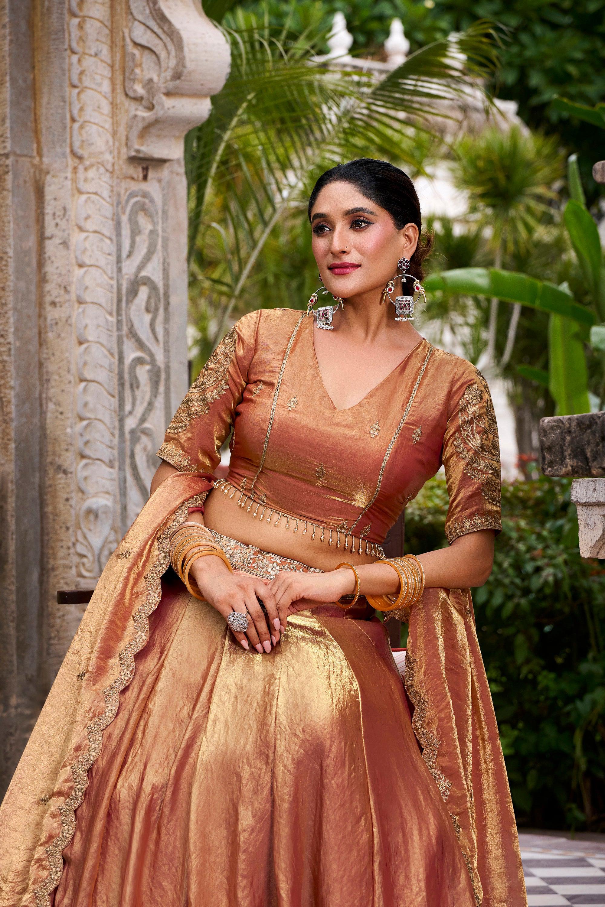 Lorenvalley Fashion Rosegold Fendi Silk Sequins and Thread Embroidery Work Belt Lehenga Choli with Dupatta