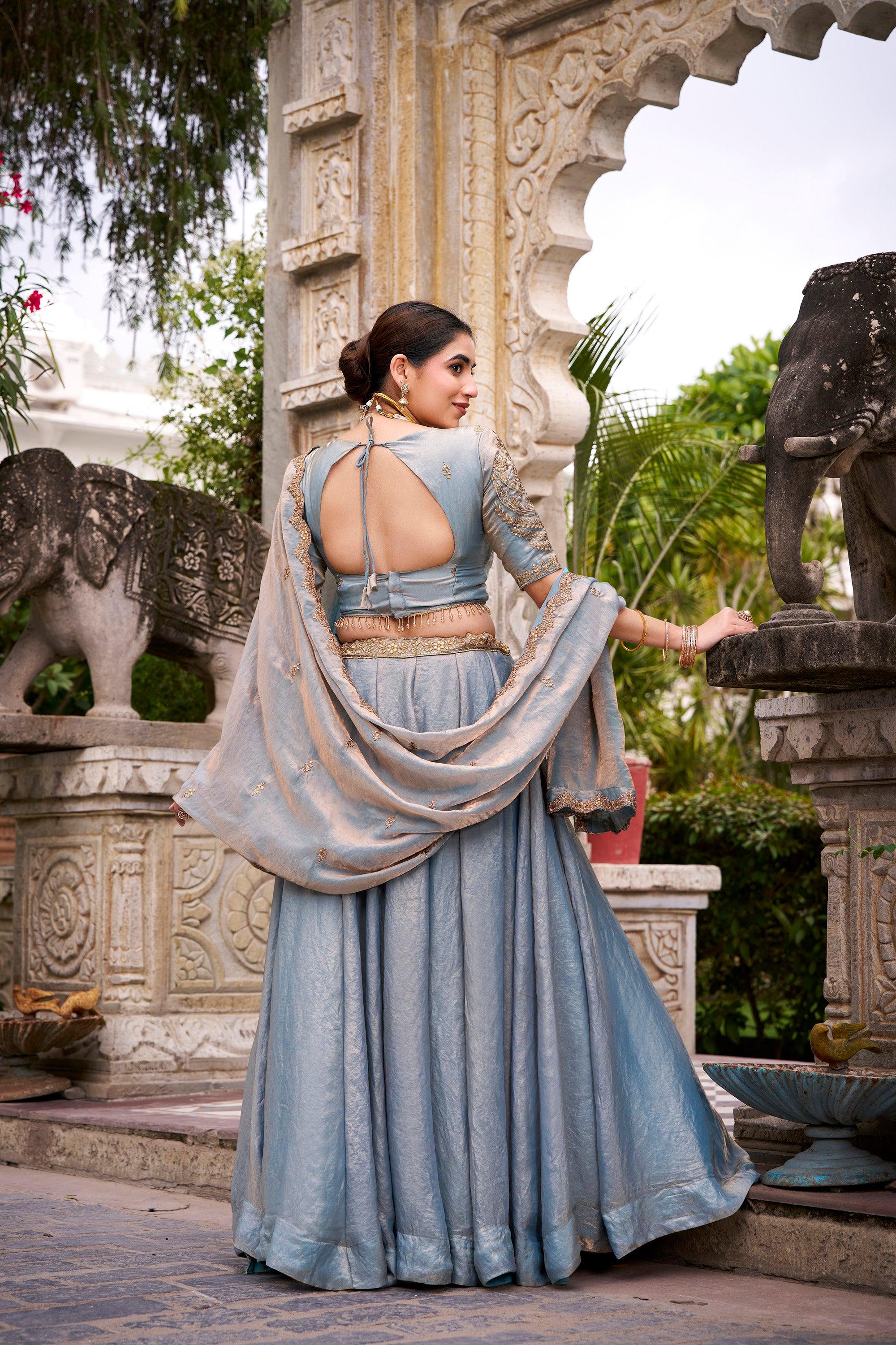 Lorenvalley Fashion Skyblue Fendi Silk Sequins and Thread Embroidery Work Belt Lehenga Choli with Dupatta