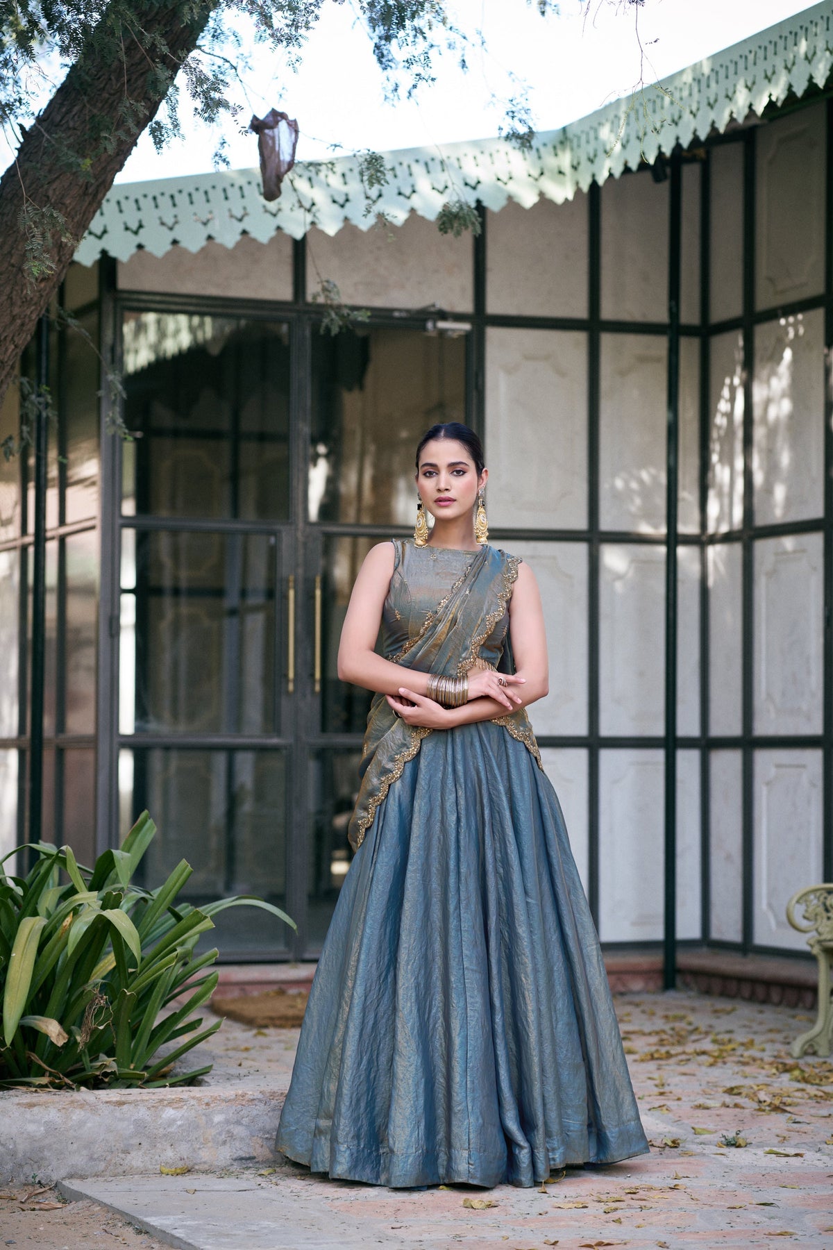 Teal Fendi Silk Lehenga Choli with intricate sequins and thread embroidery work