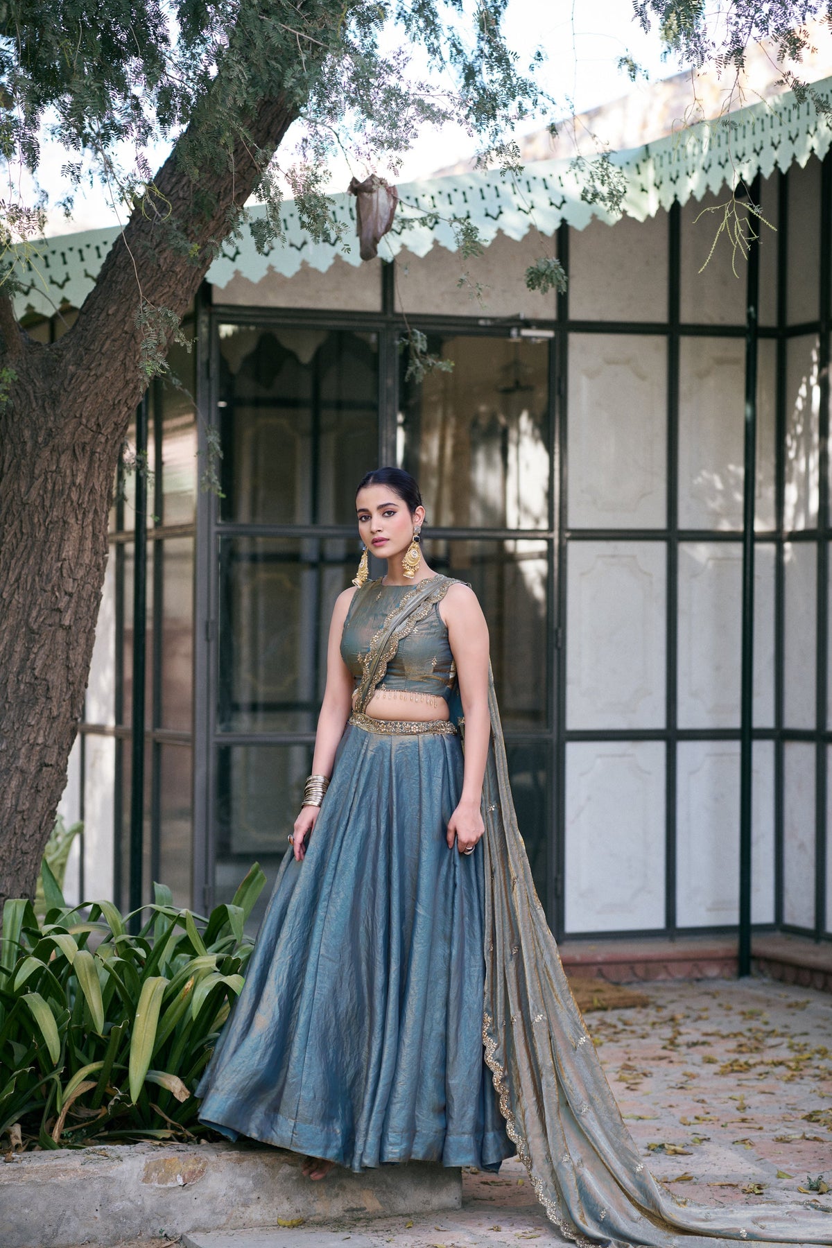 Teal Fendi Silk Lehenga Choli with Sequins and Thread Embroidery