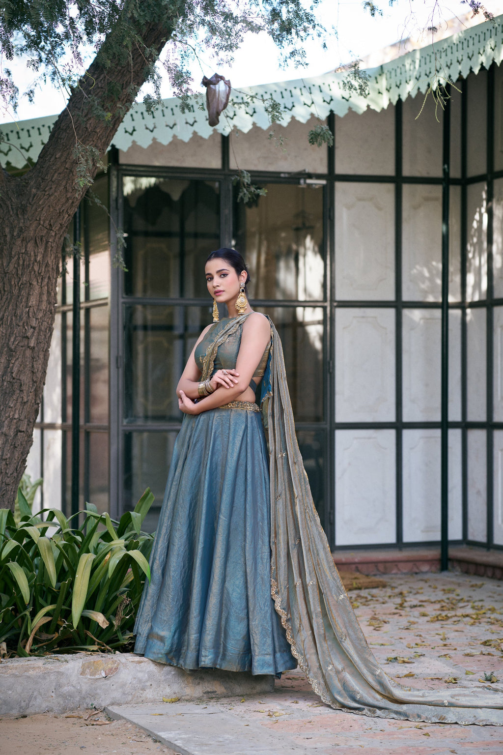 Teal Fendi Silk Lehenga Choli with Sequins and Thread Embroidery