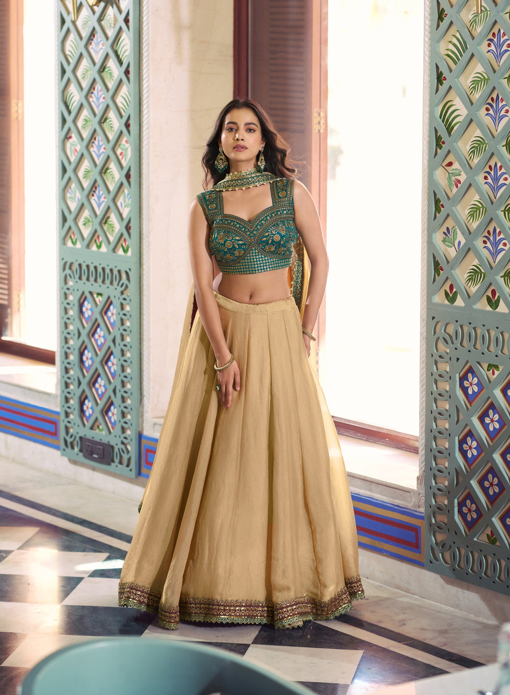 Cream Fendi Silk Lehenga Choli with Lace Touch Up