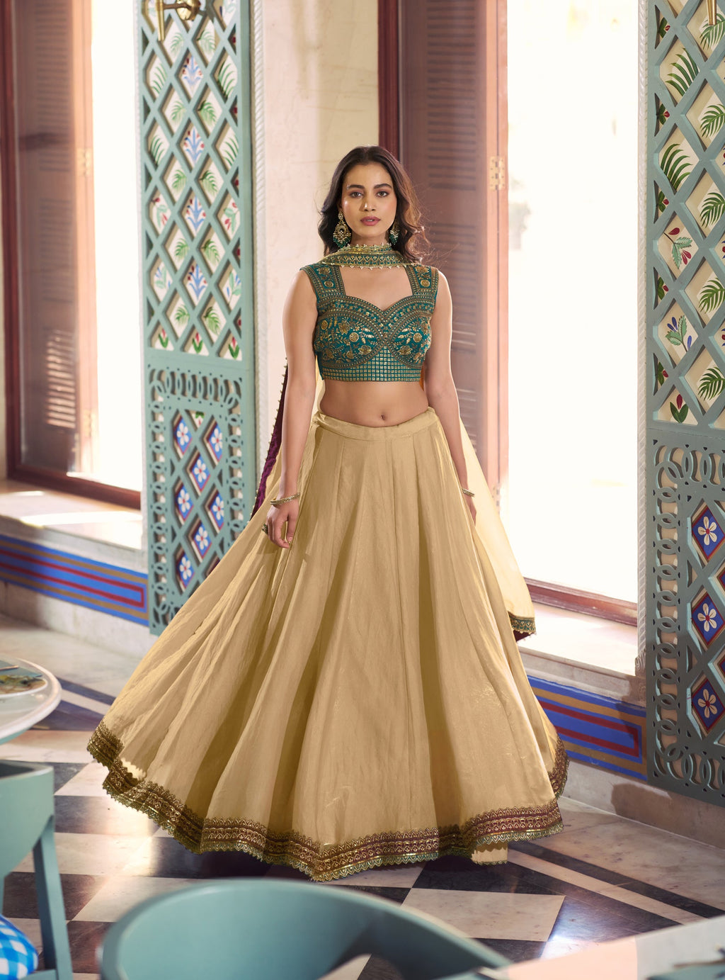 Cream Fendi Silk Lehenga Choli with Lace Touch Up