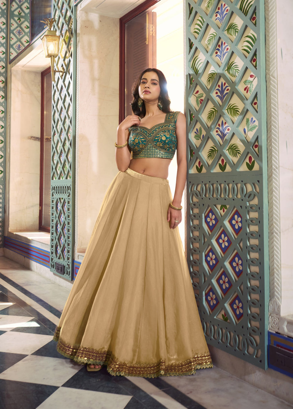 Cream Fendi Silk Lehenga Choli with Lace Touch Up