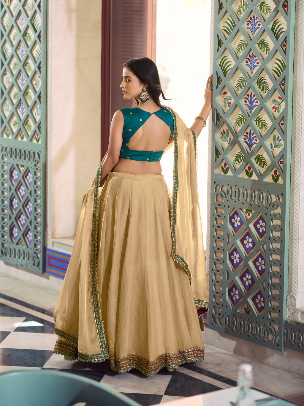 Cream Fendi Silk Lehenga Choli with Lace Touch Up