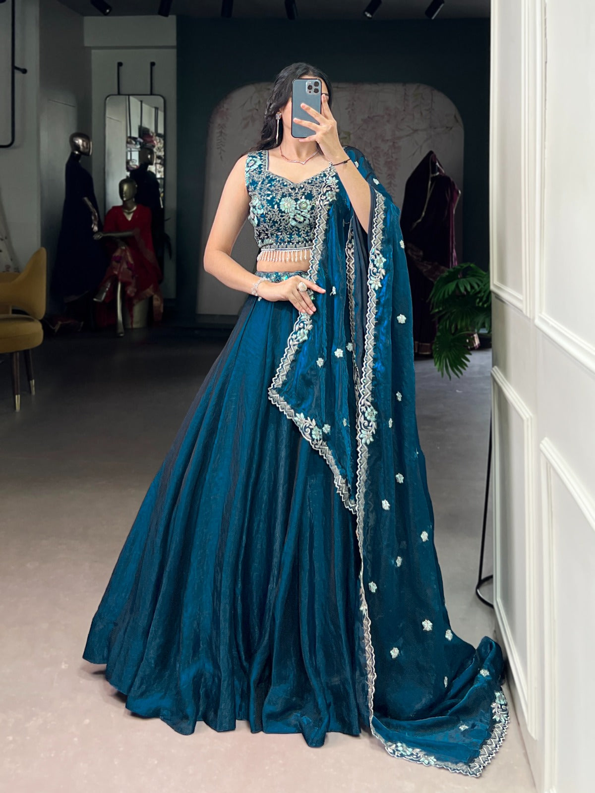 Elegant Teal Fendi Silk Lehenga Choli with intricate silver sequins and thread embroidery work