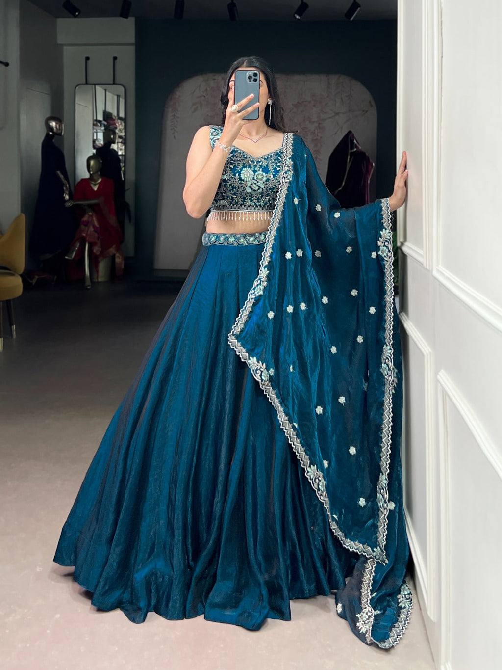 Teal Fendi Silk Lehenga Choli with Sequins and Thread Embroidery