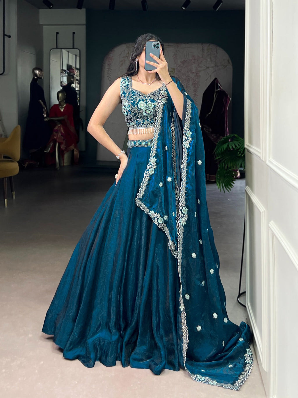Teal Fendi Silk Lehenga Choli with Sequins and Thread Embroidery