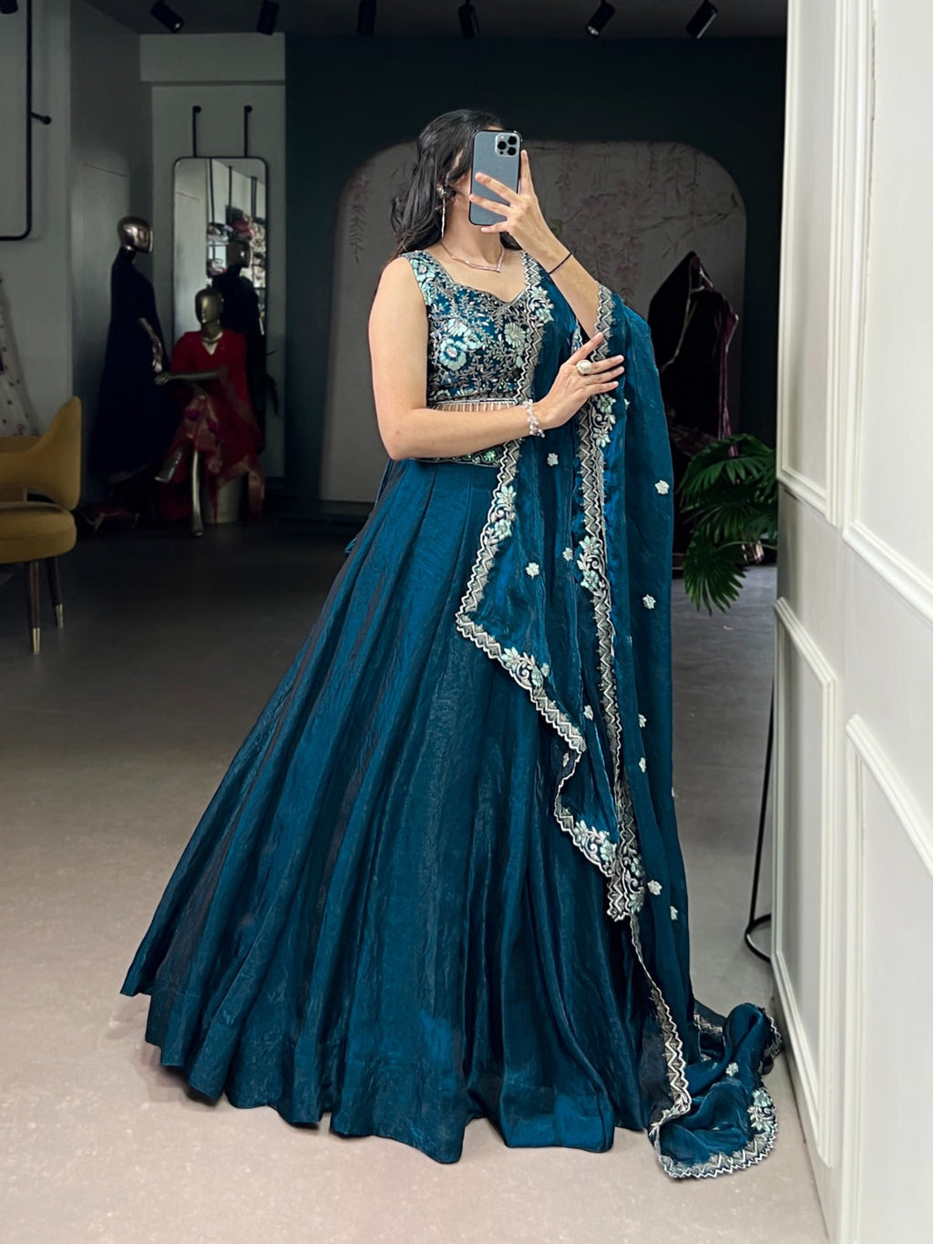 Teal Fendi Silk Lehenga Choli with Sequins and Thread Embroidery