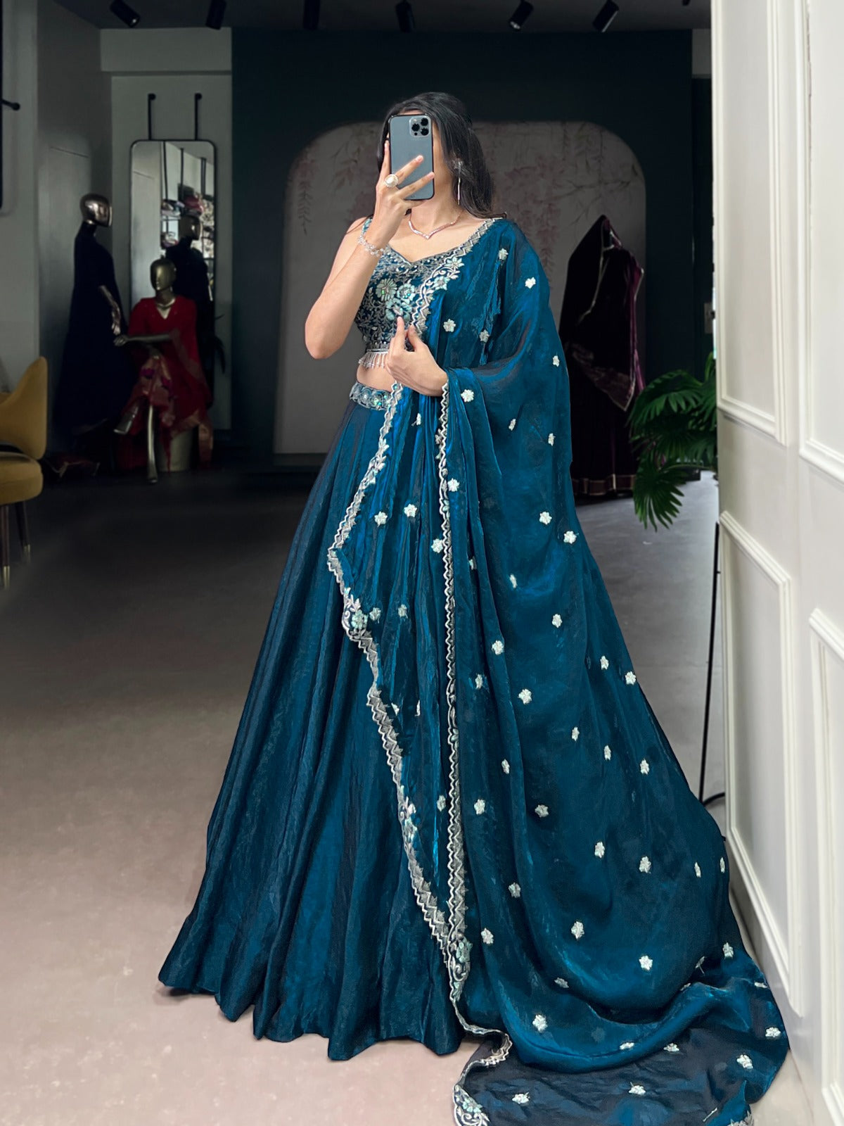 Teal Fendi Silk Lehenga Choli with Sequins and Thread Embroidery