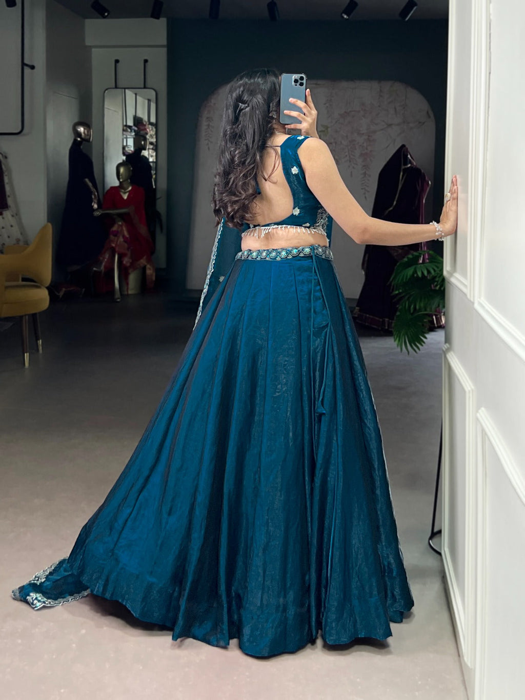 Teal Fendi Silk Lehenga Choli with Sequins and Thread Embroidery