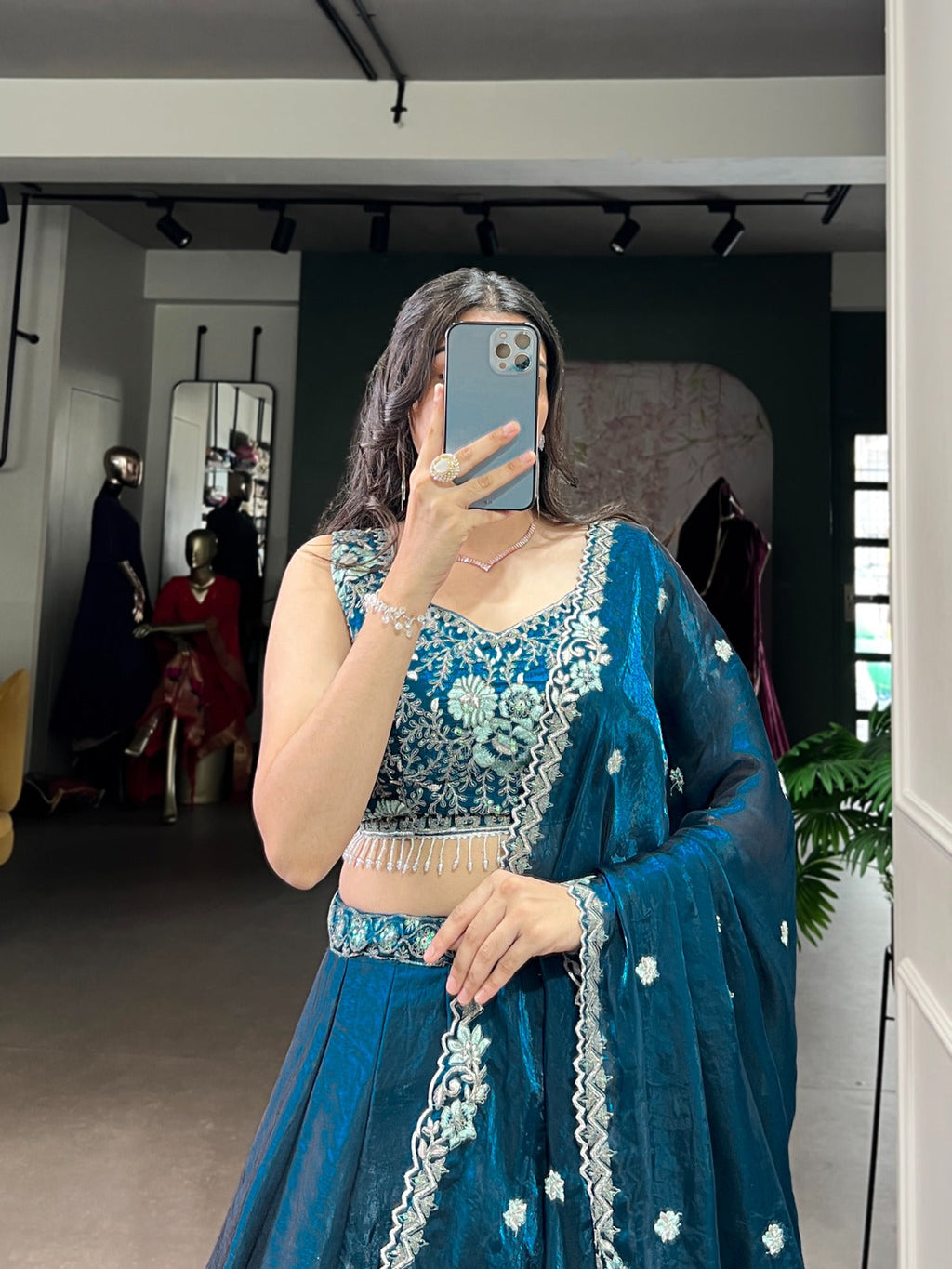 Teal Fendi Silk Lehenga Choli with Sequins and Thread Embroidery
