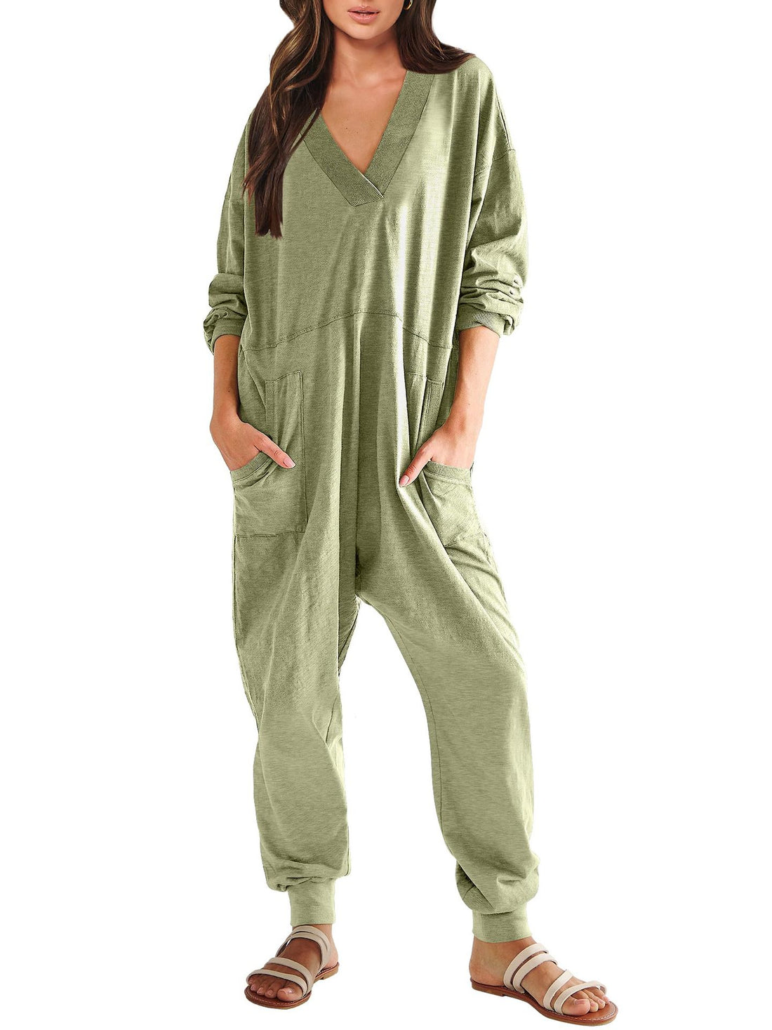 Women’s V-Neck Long Sleeve Solid Color Jumpsuit with Pockets