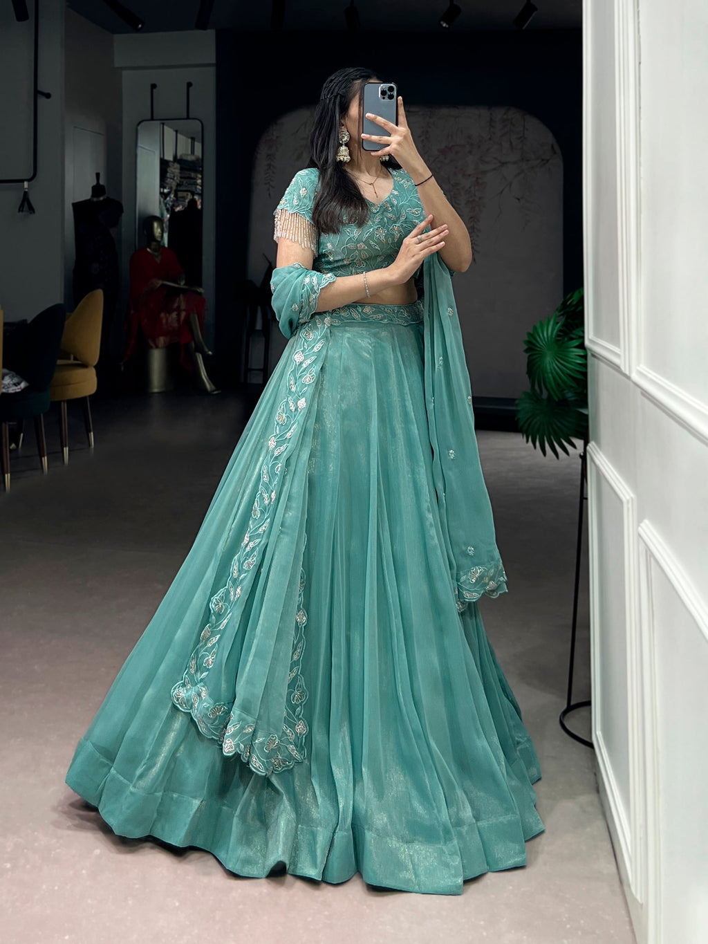 Seagreen Lehenga Choli with Gold Coin Beads and Embroidery