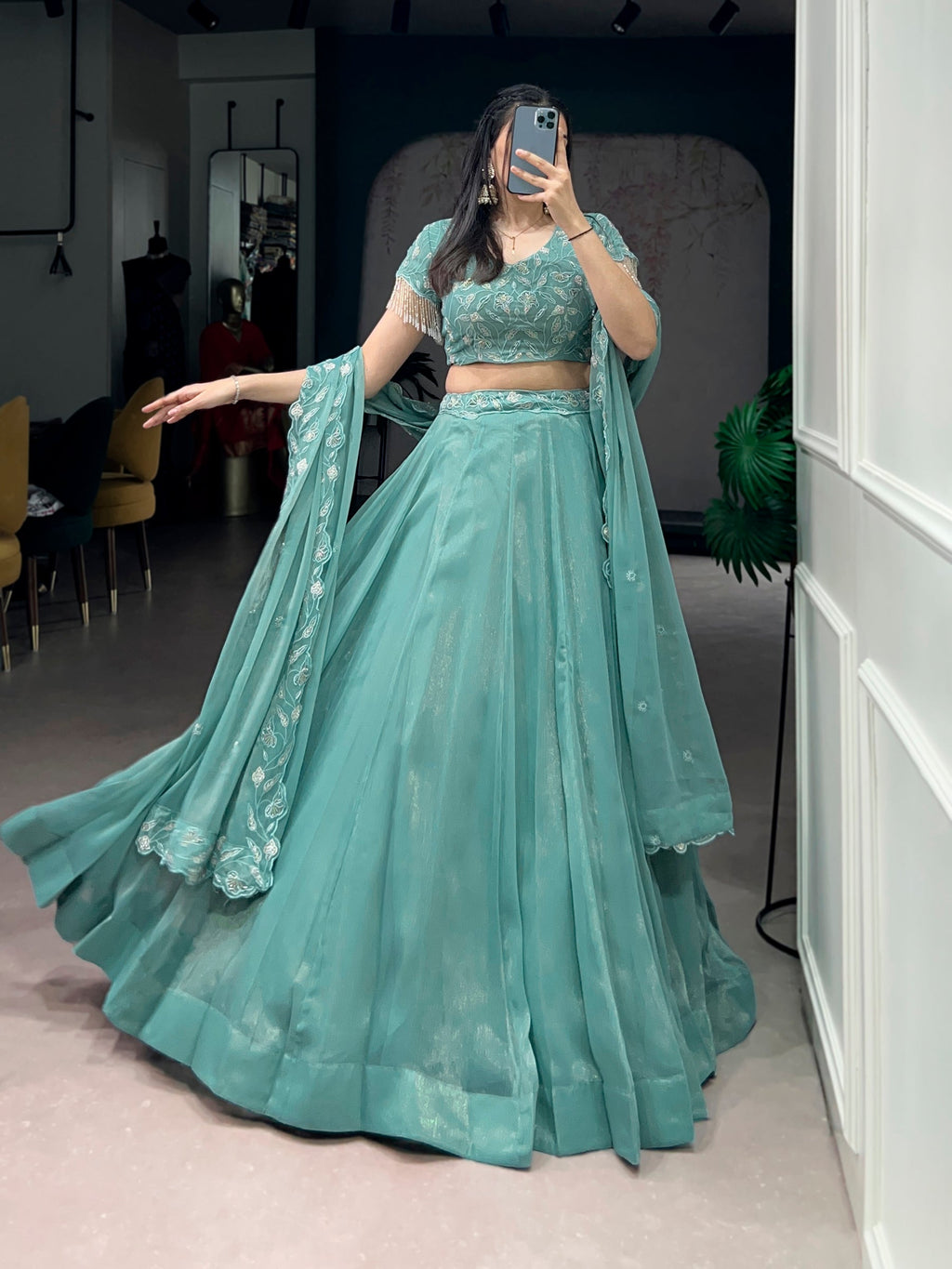 Seagreen Lehenga Choli with Gold Coin Beads and Embroidery
