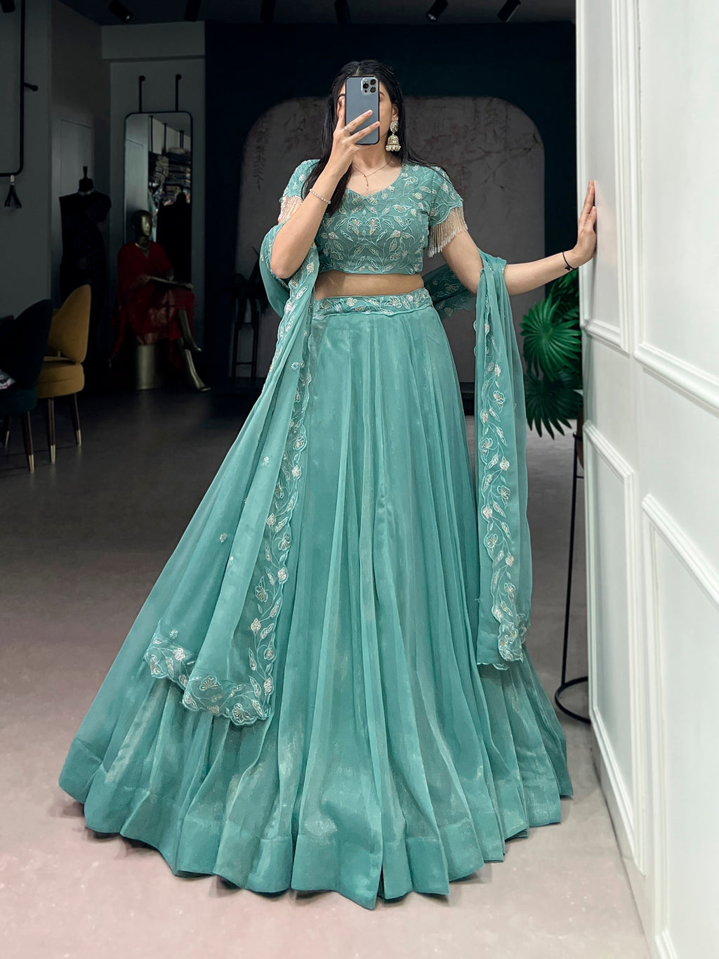 Seagreen Lehenga Choli with Gold Coin Beads and Embroidery