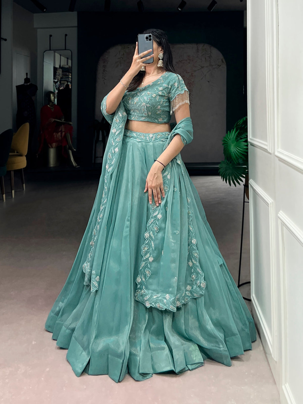 Seagreen Lehenga Choli with Gold Coin Beads and Embroidery